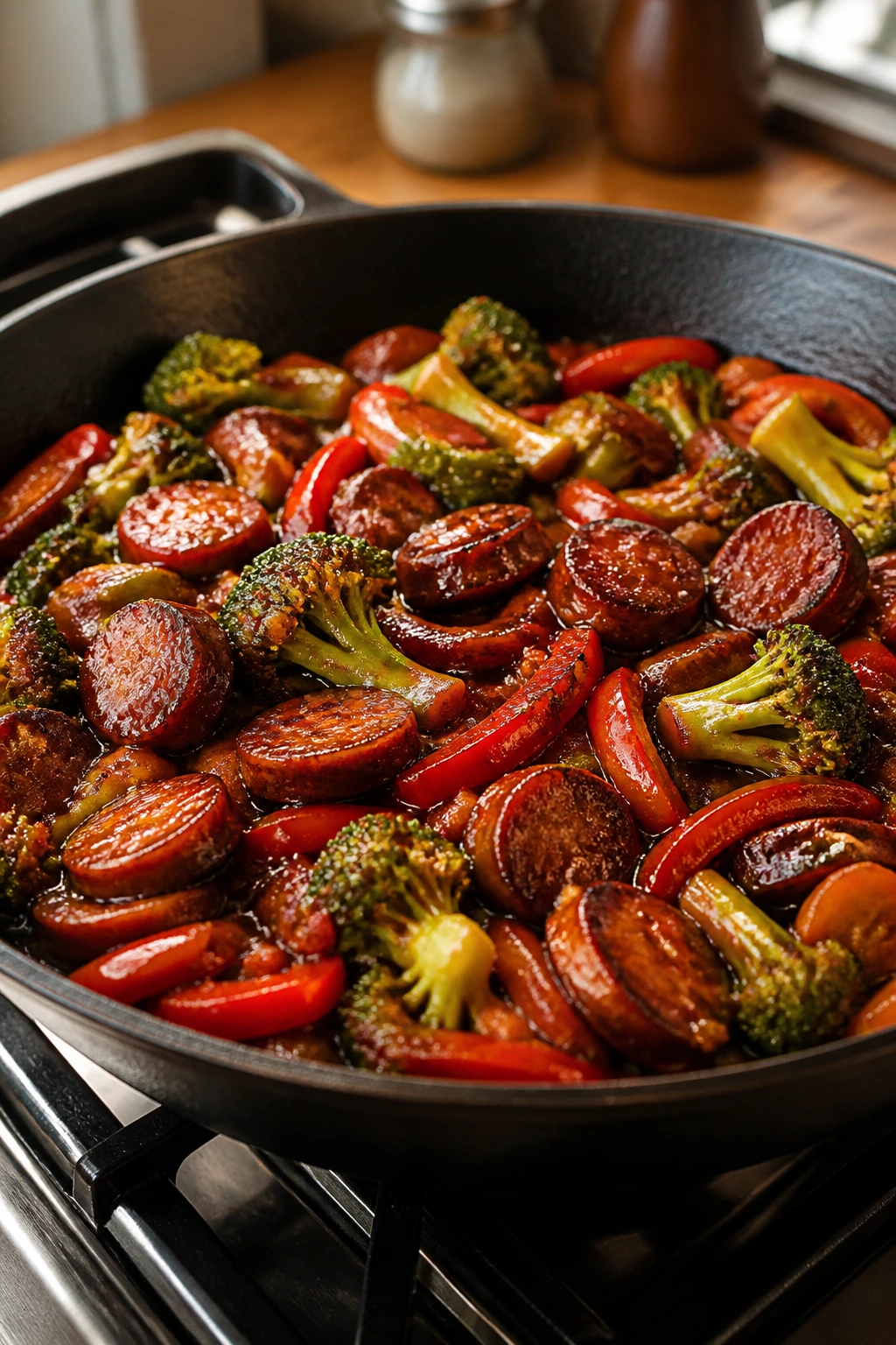 Close-up of a sizzling skillet with sausage and vegetables in glossy sauce