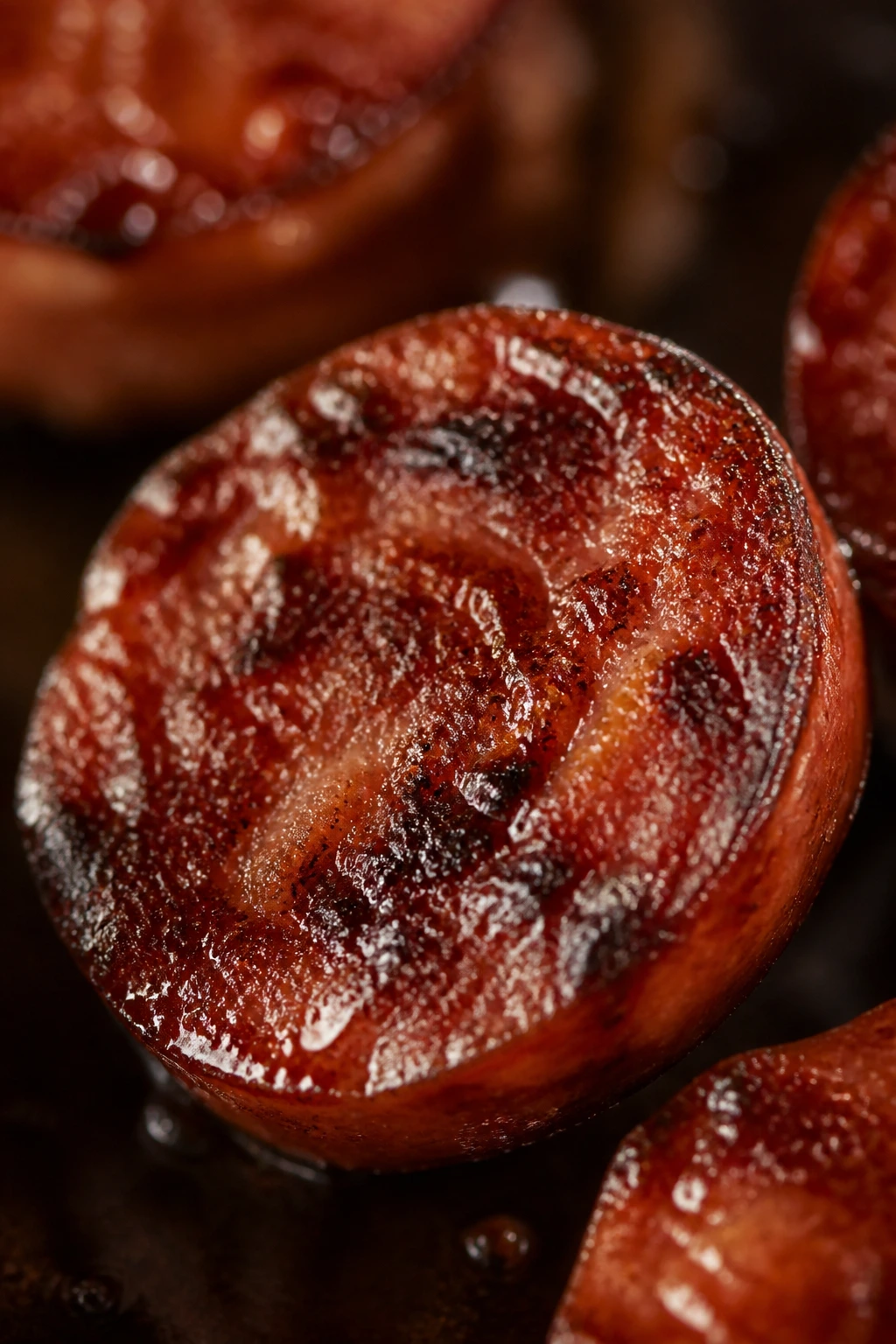 Sausage coin with lacquered crust and glaze in a warm kitchen