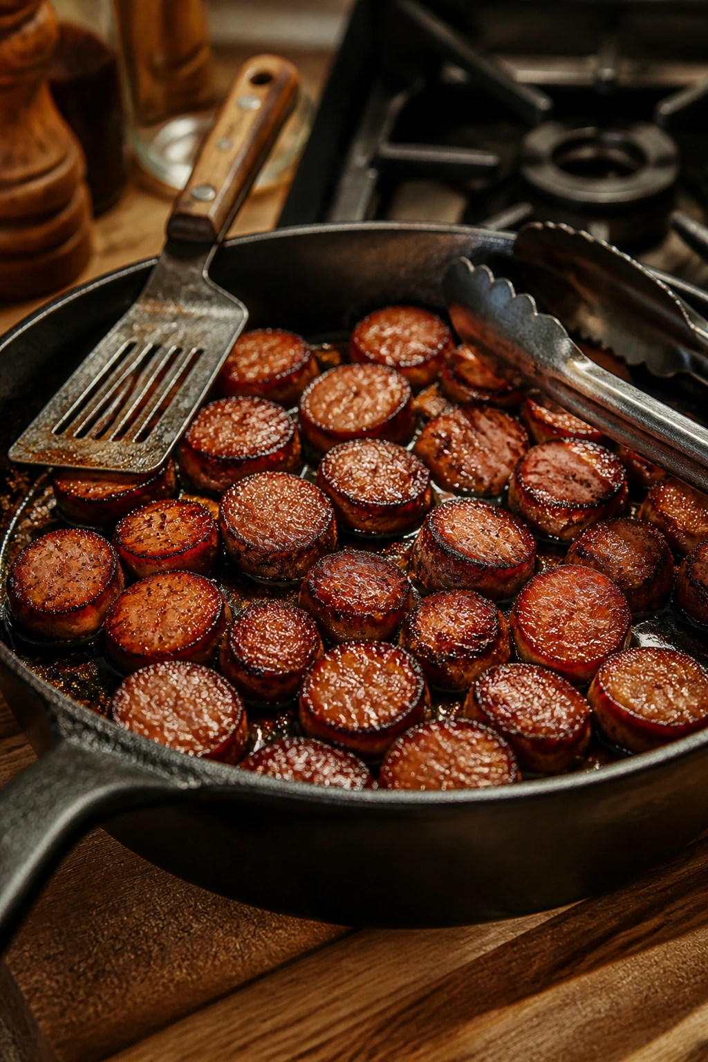 Cast-iron skillet with browned sausage and nearby spatula and tongs
