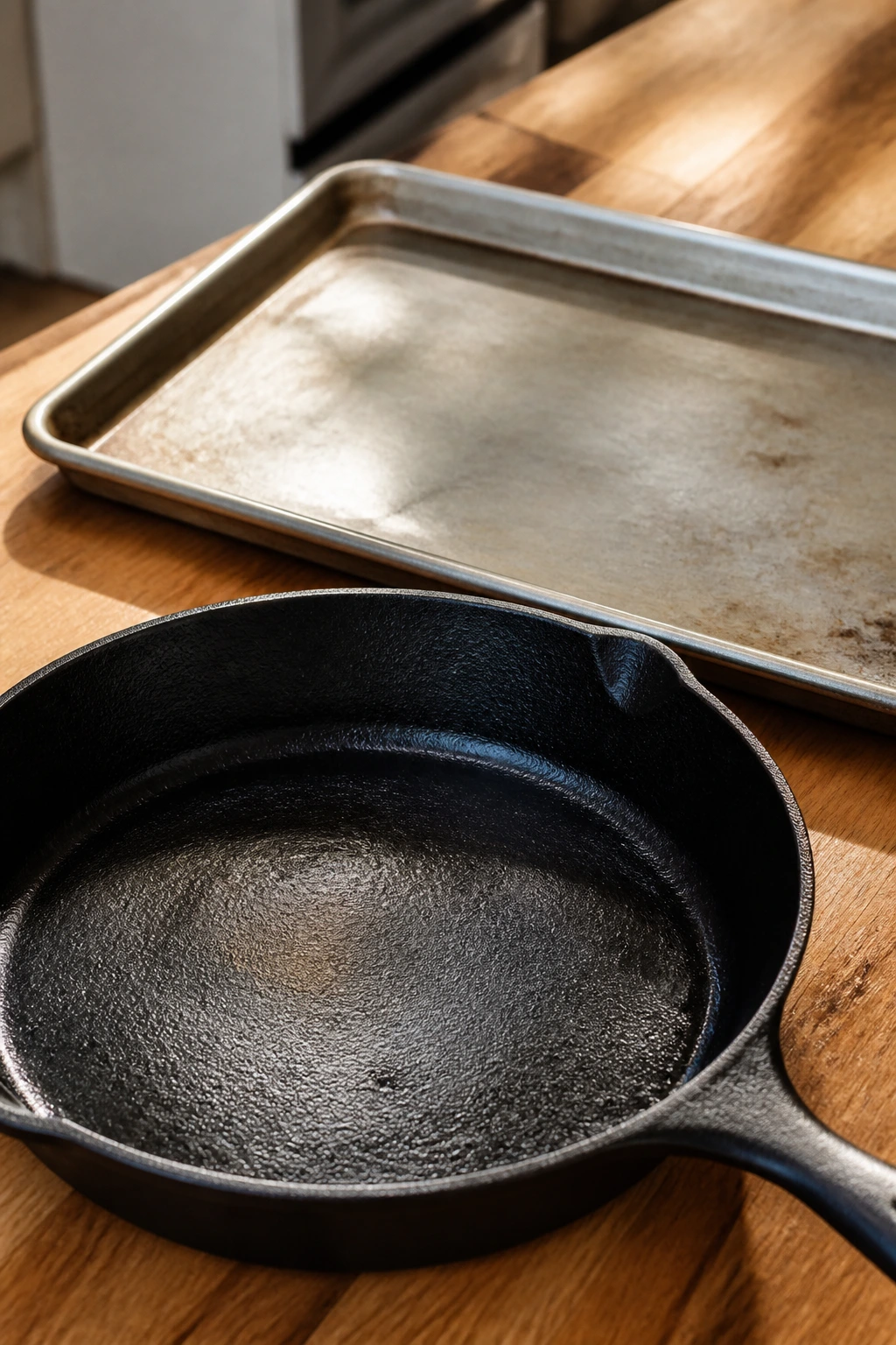 Cast-iron skillet and sheet pan on a kitchen counter