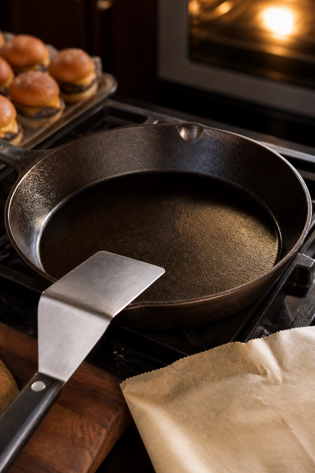 Cast-iron skillet with spatula for sliders on a warm kitchen counter.