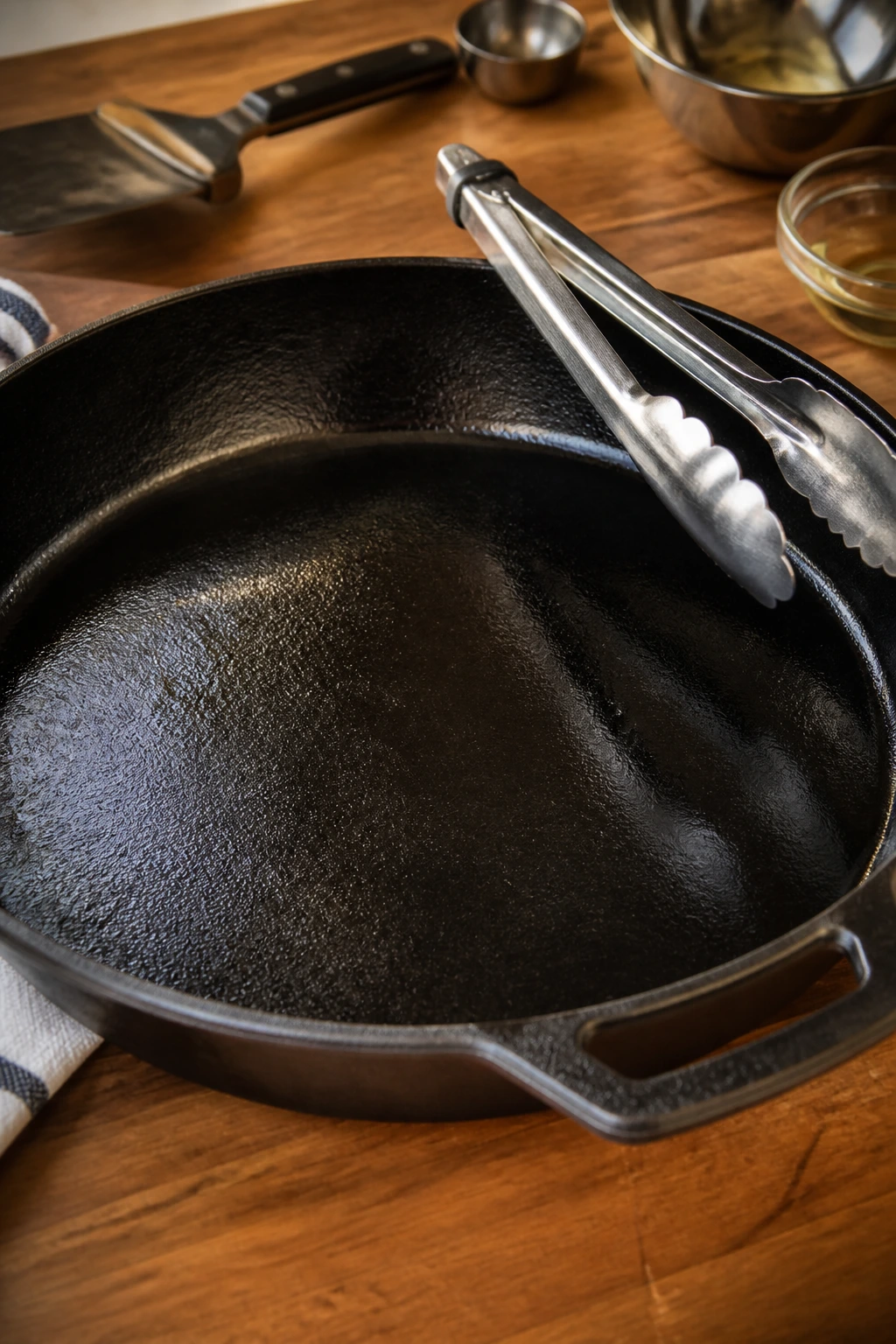 Cast-iron skillet with tongs resting on edge