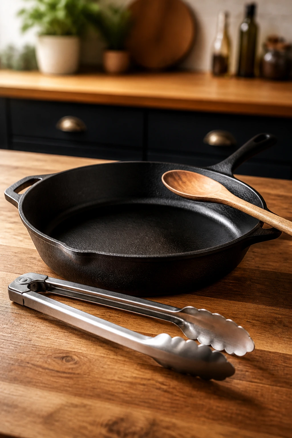 Cast-iron skillet with wooden spoon and tongs on wooden counter