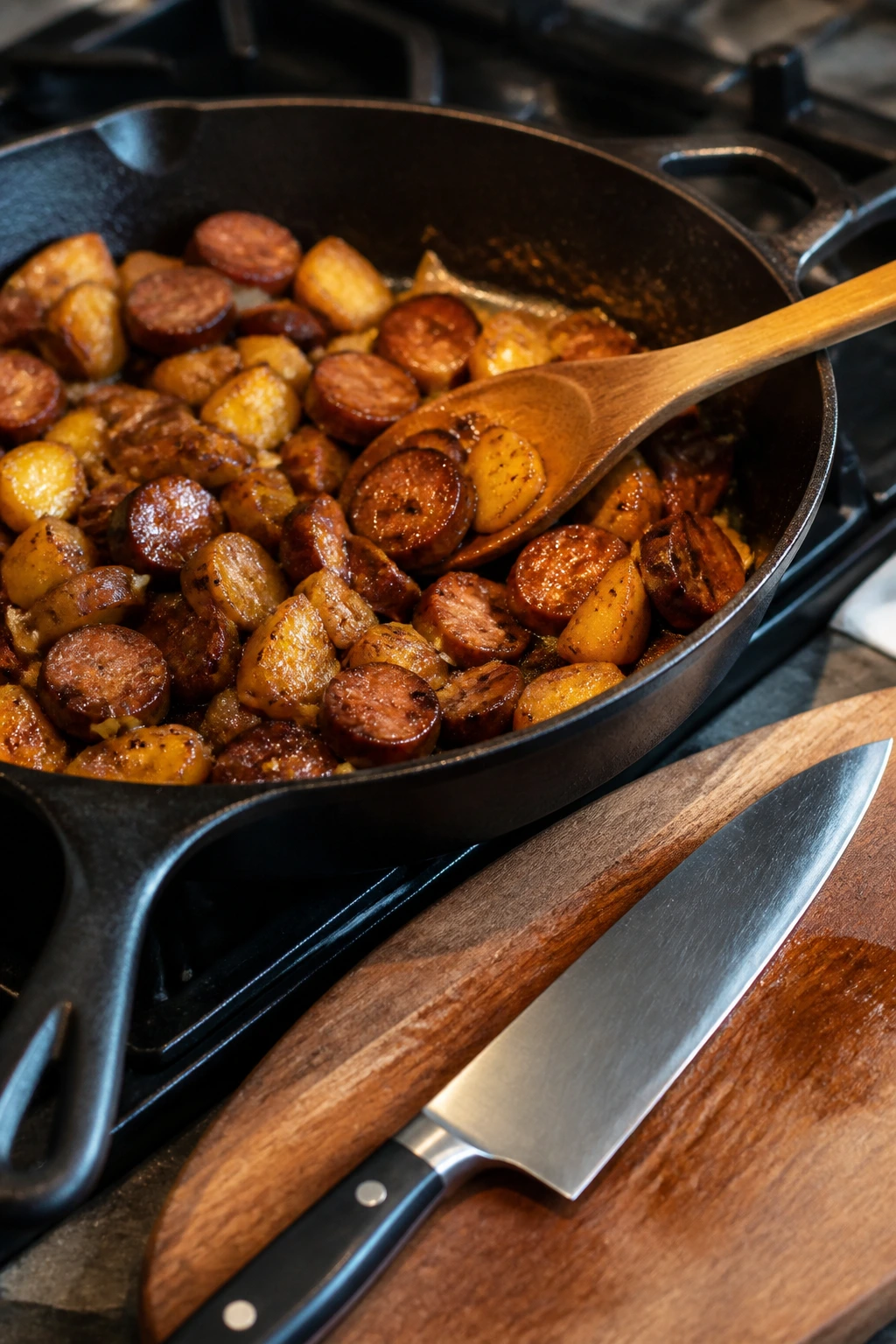 Cast iron skillet with sausage and potatoes, wooden spoon and knife nearby