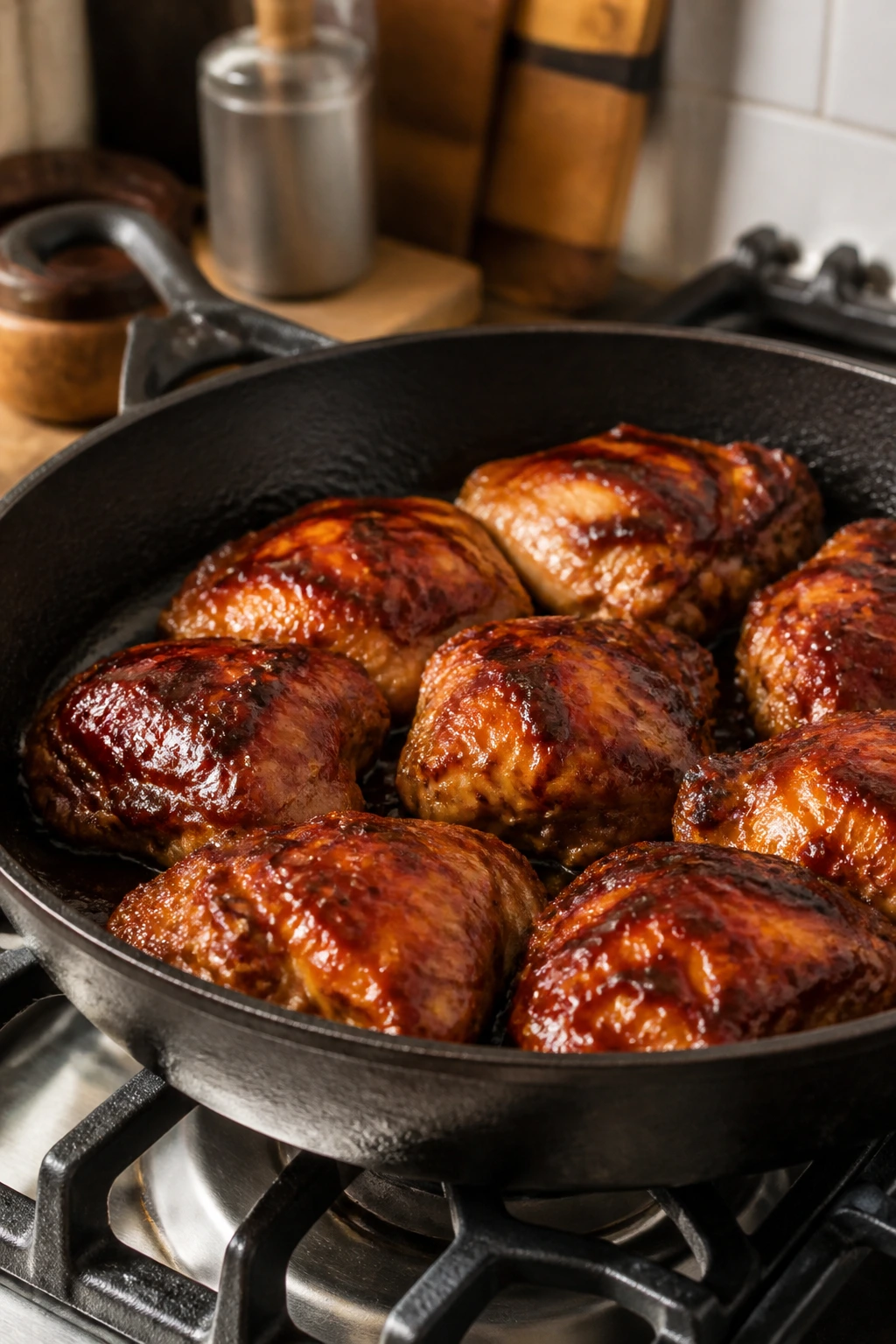 Cast iron skillet with seared BBQ chicken as the hero tool