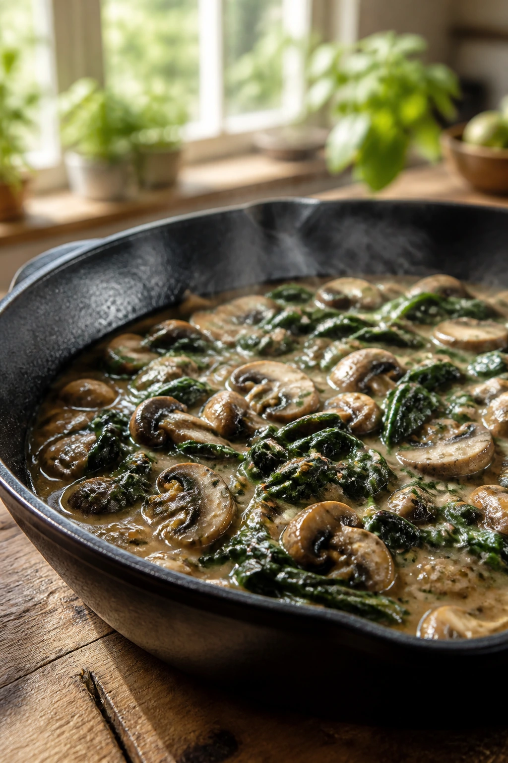 Cast iron skillet with mushroom and spinach dish steaming in a sunny kitchen
