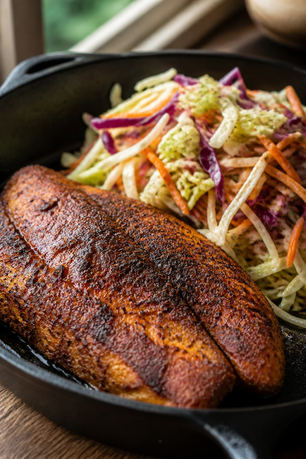 Close-up of blackened catfish fillet with slaw in a cast-iron skillet