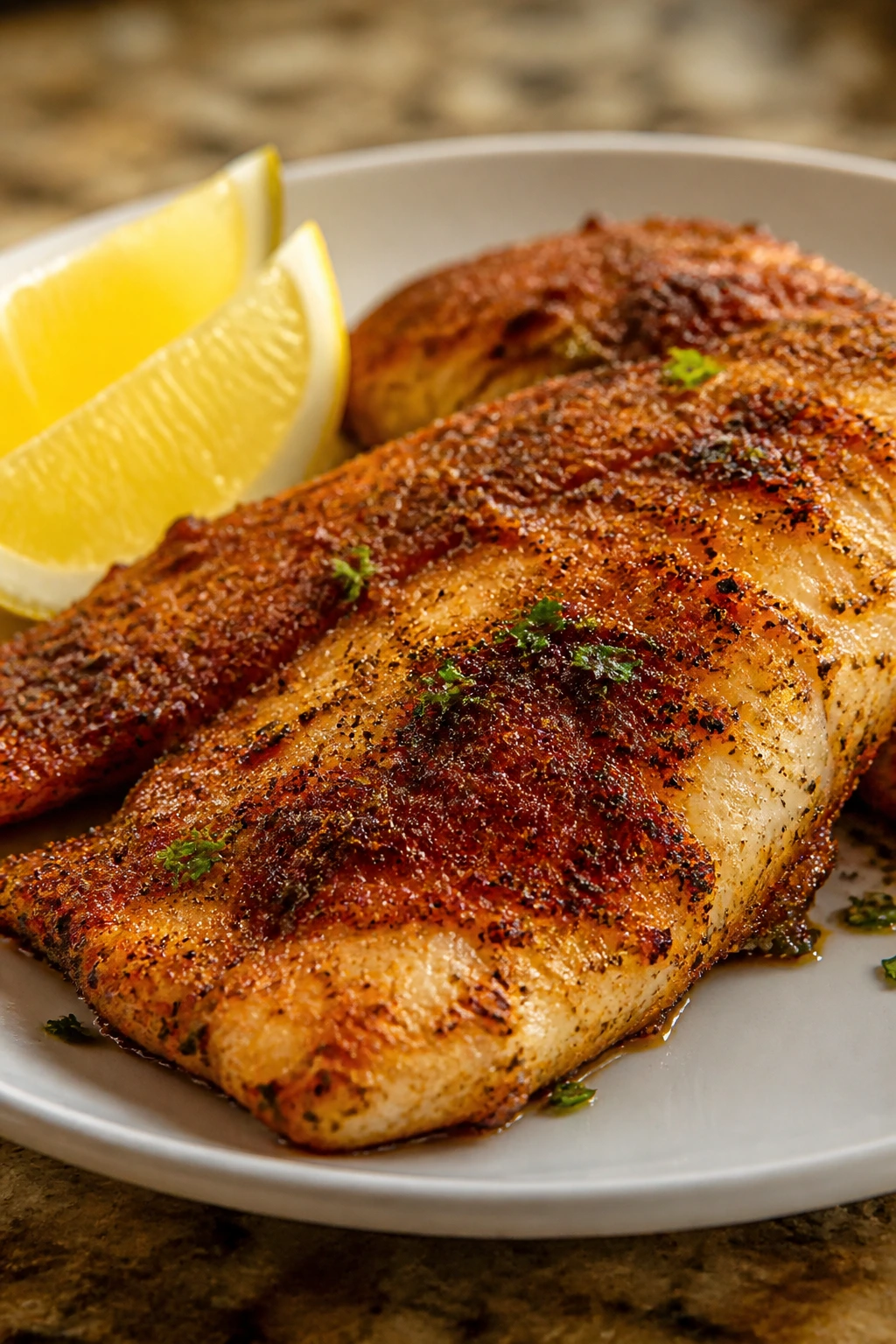 Cajun catfish fillets with a crispy crust on a plate
