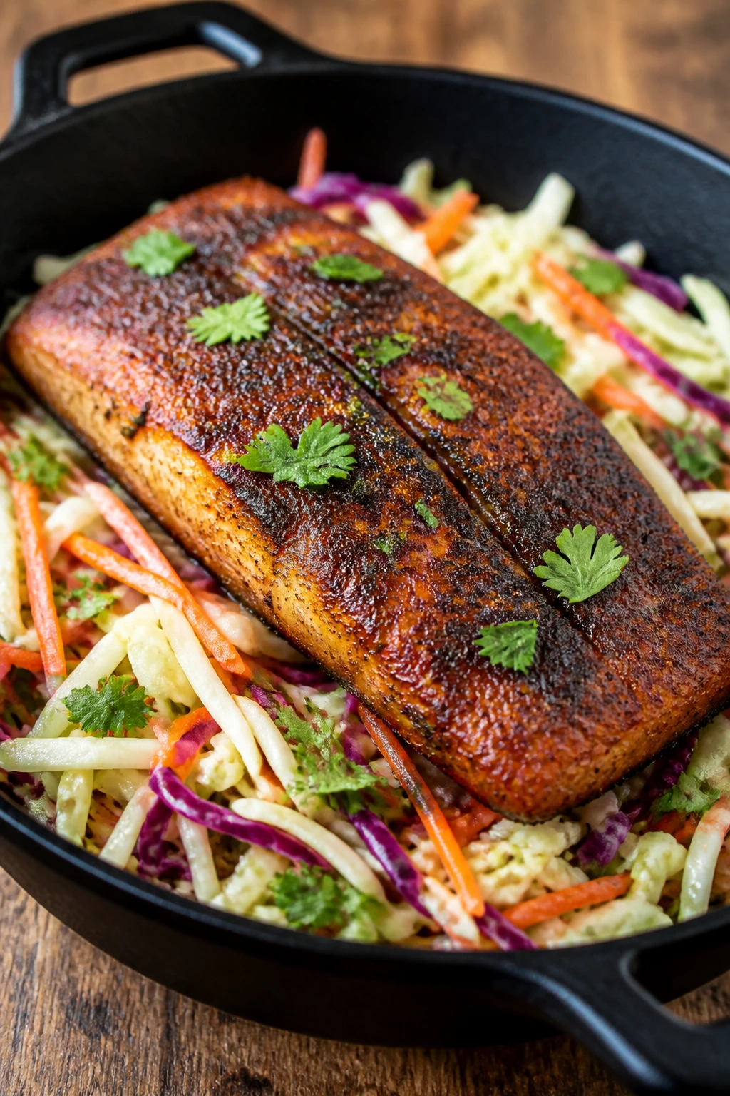 Catfish fillet with blackened crust on fresh slaw