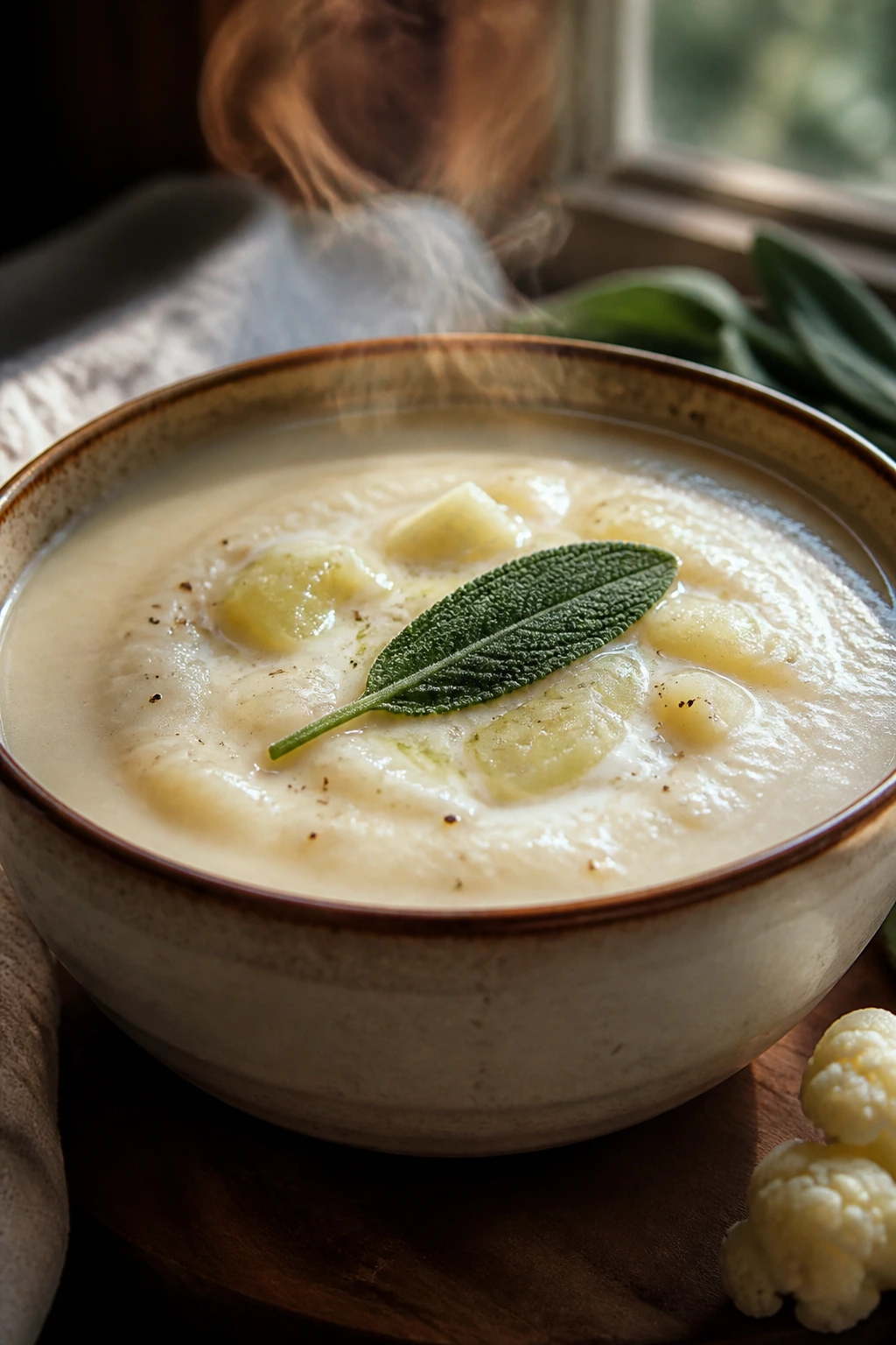 Creamy cauliflower apple soup with sage in a warm kitchen