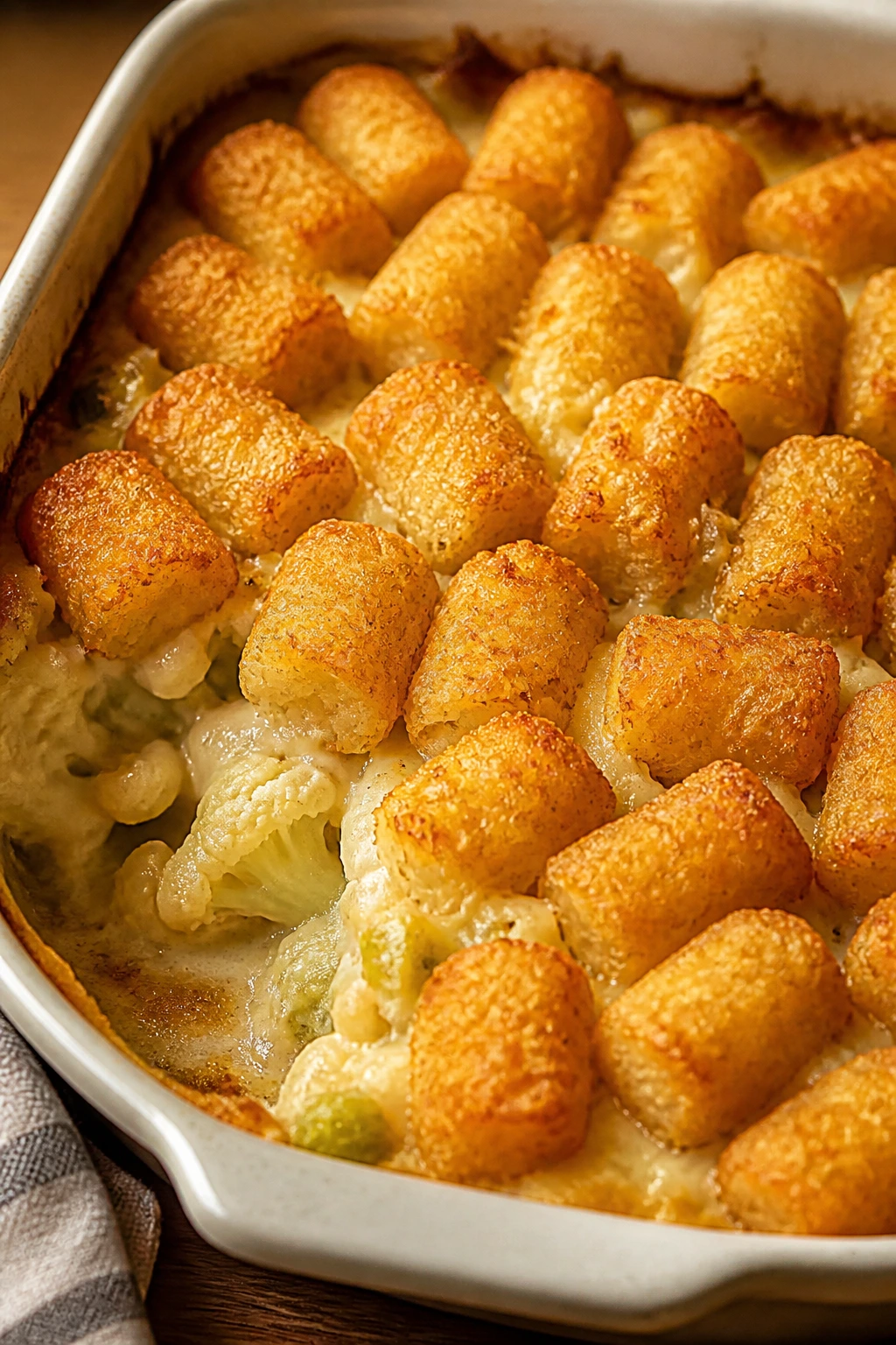 Close-up of cauliflower tater tot bake with crispy topping