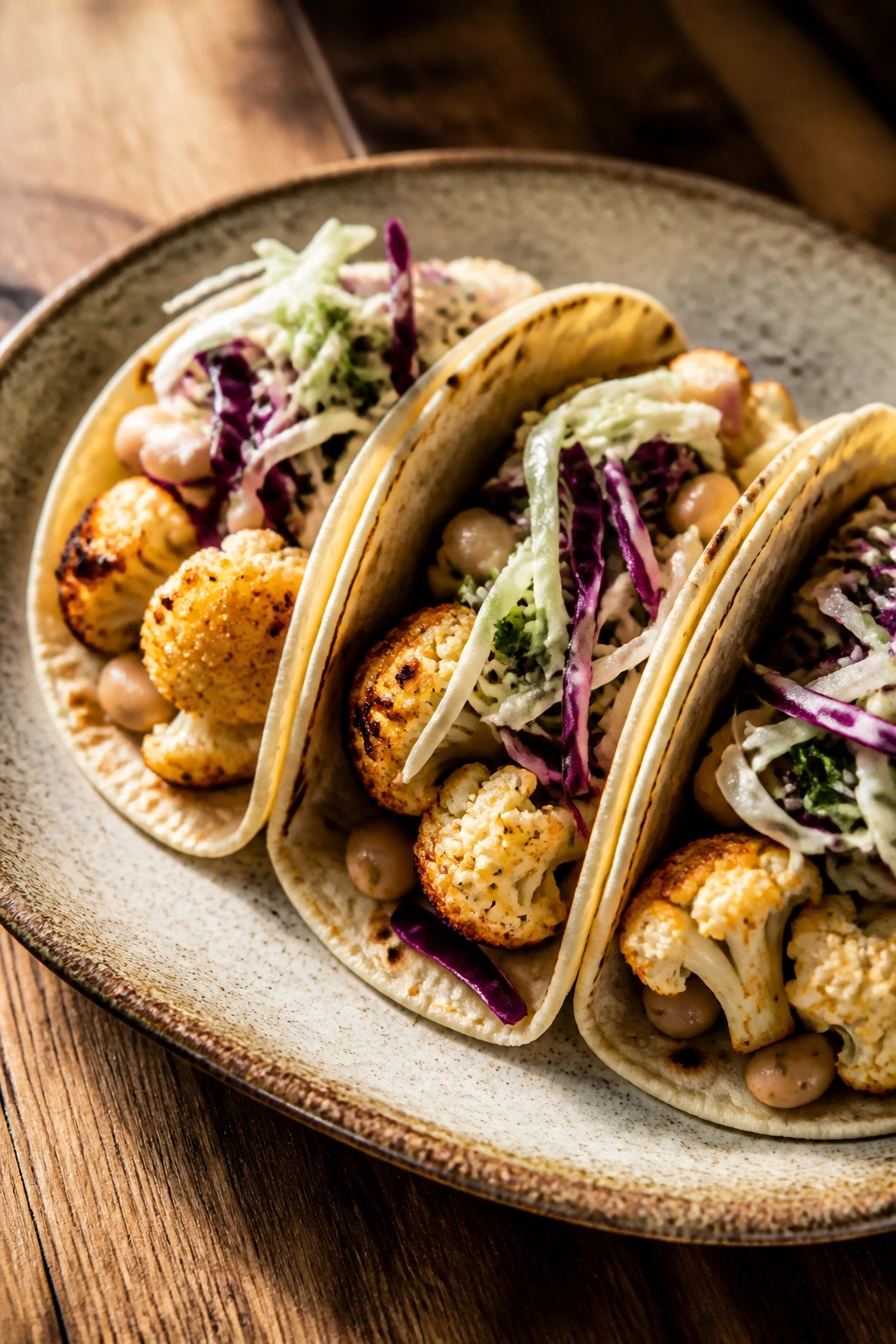 Close-up of roasted cauliflower white bean tacos on a rustic plate with cabbage topping