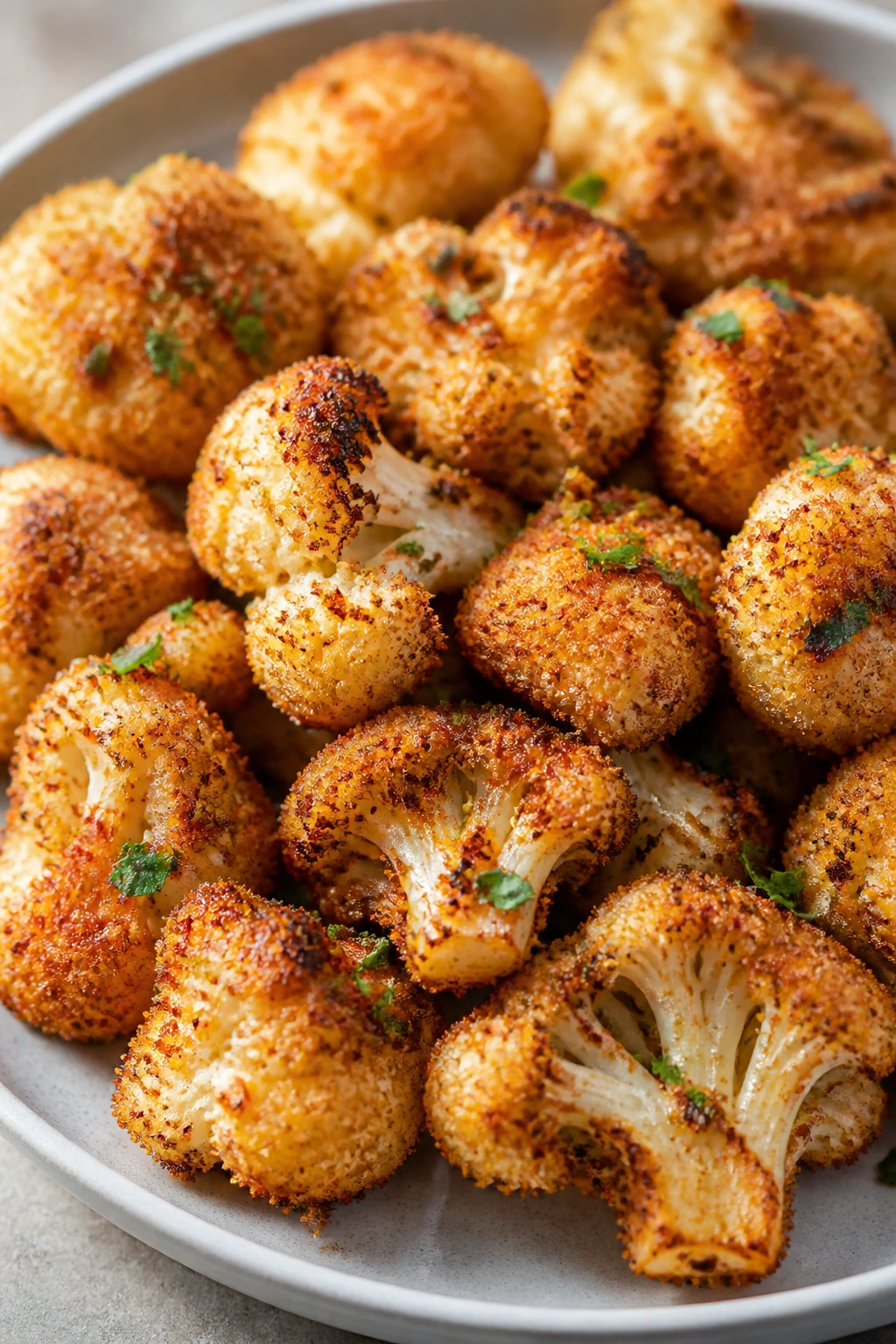 Close-up of smoky cauliflower bites with paprika and breadcrumbs.