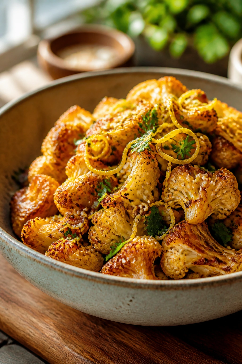 Cauliflower bowl with lemon zest and sesame seeds highlighting flavor boosters.