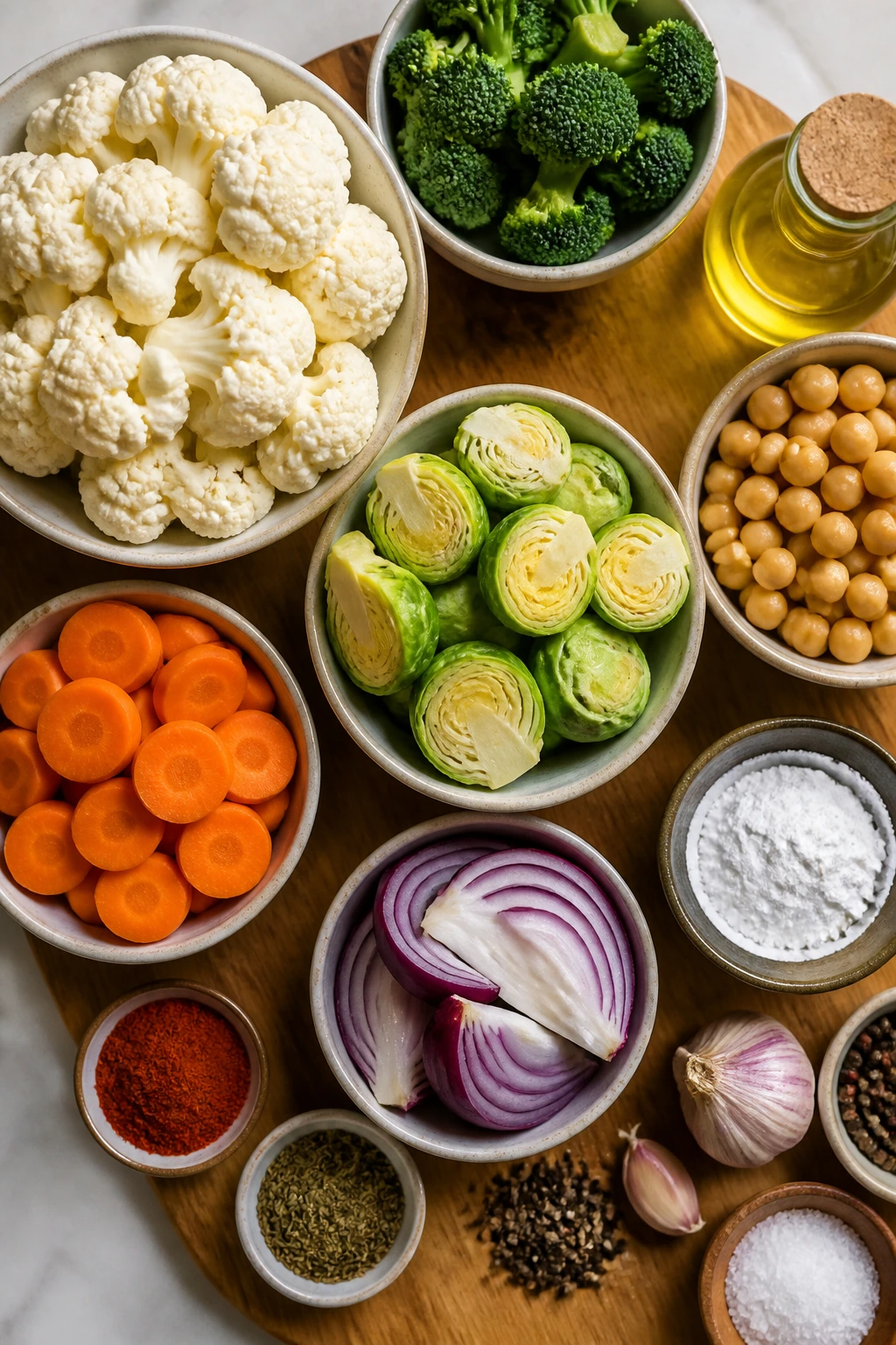 Top-down arrangement of cleaned ingredients for roasting