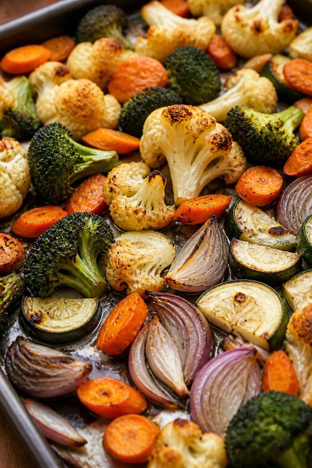 Sheet pan with browned cauliflower, broccoli, and carrots