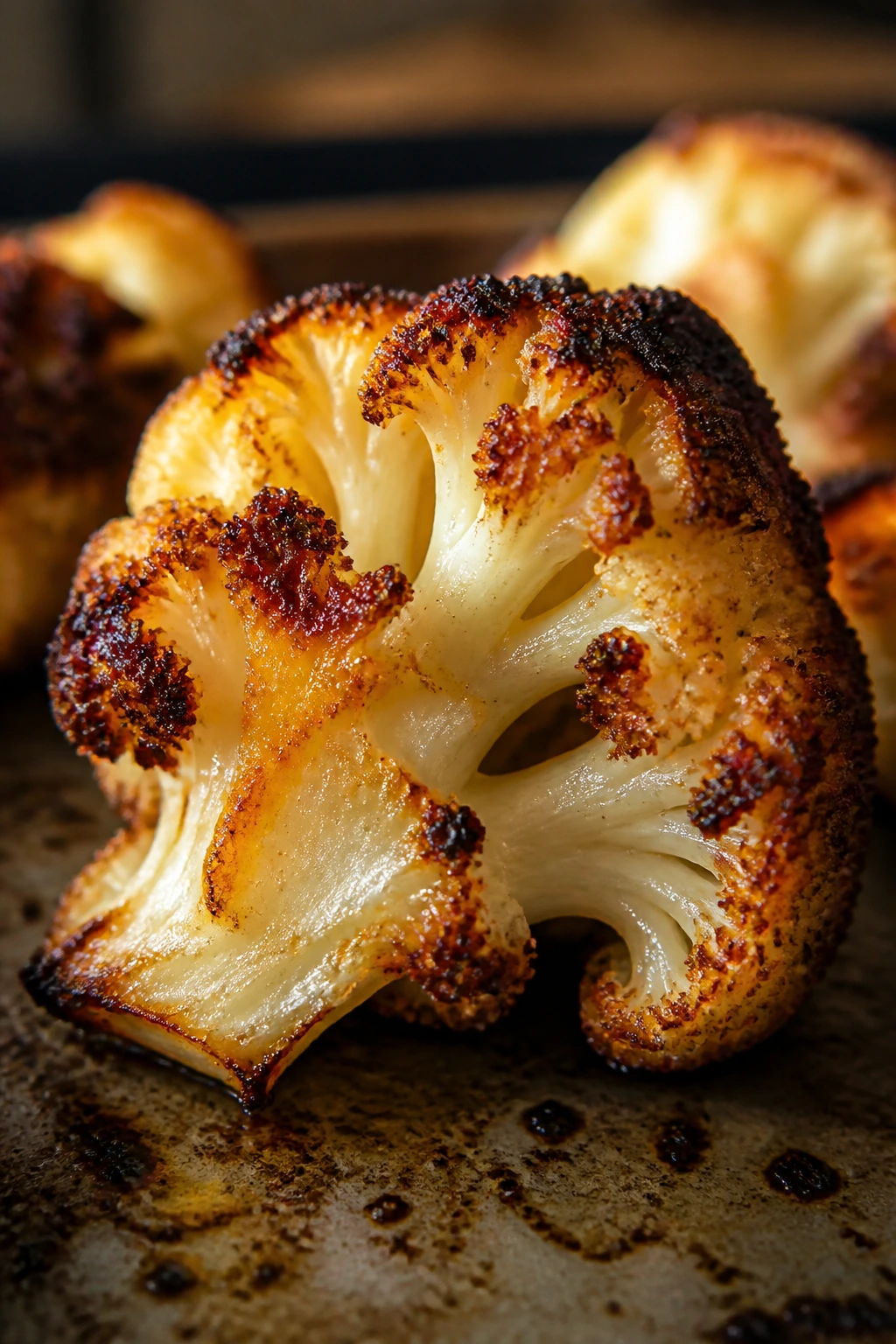 Close-up of a browned cauliflower floret filling the frame on a sheet pan