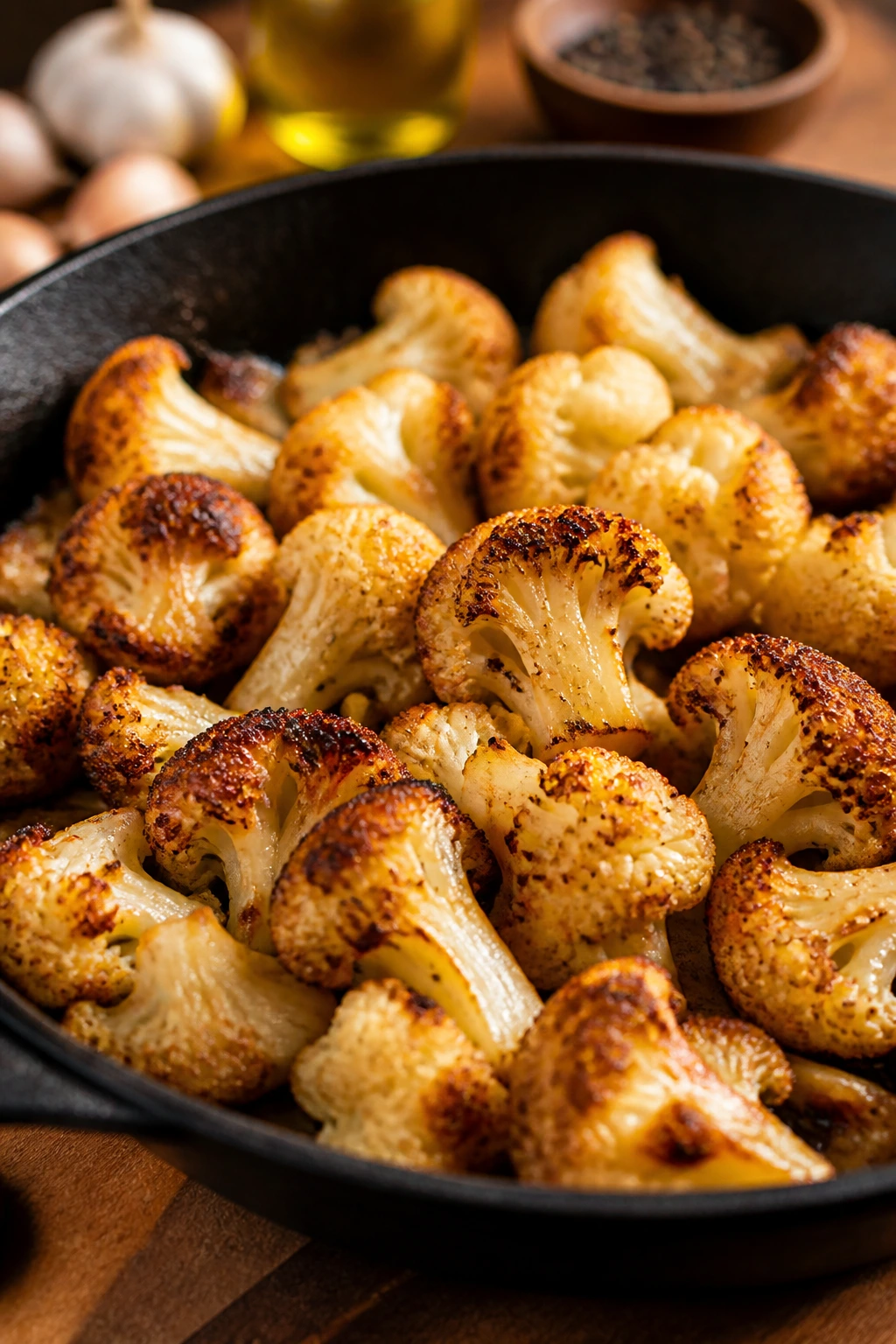 Caramelized cauliflower florets browning in a skillet