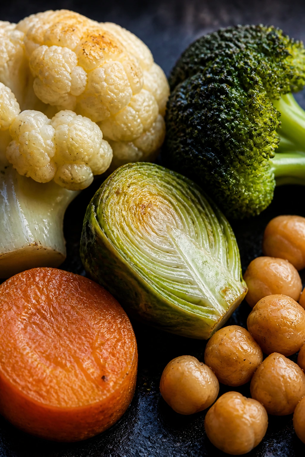 Close-up lineup of cauliflower, Brussels sprout, broccoli, carrot, chickpeas