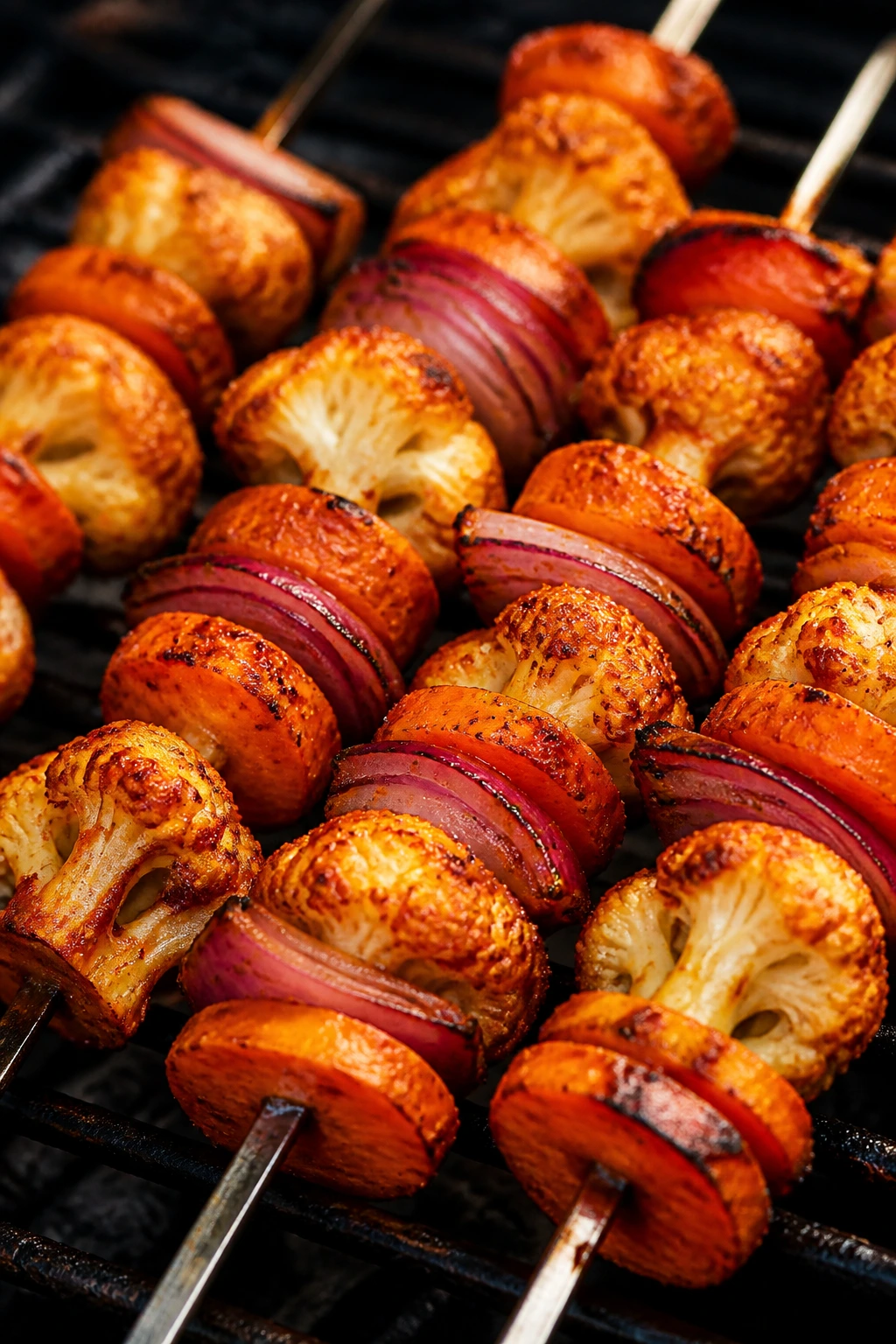Close-up of cauliflower, carrot, and onion skewers with harissa glaze