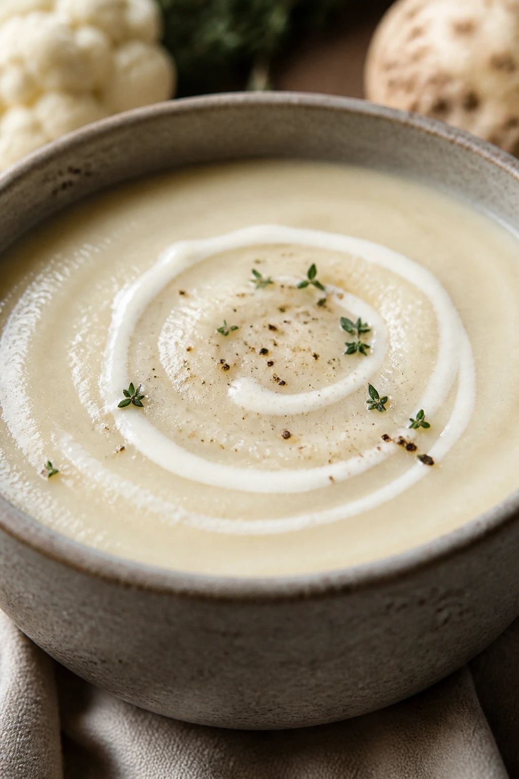 Silky cauliflower celery root soup with cream swirl