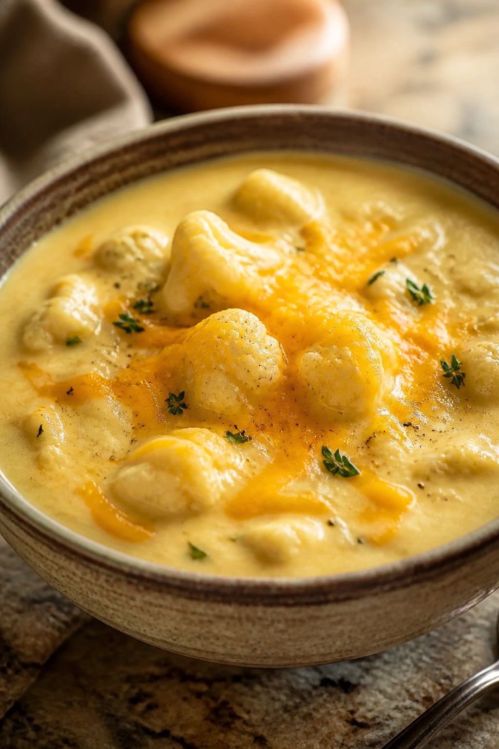 Close-up of Cauliflower and Cheddar Chowder in a bowl
