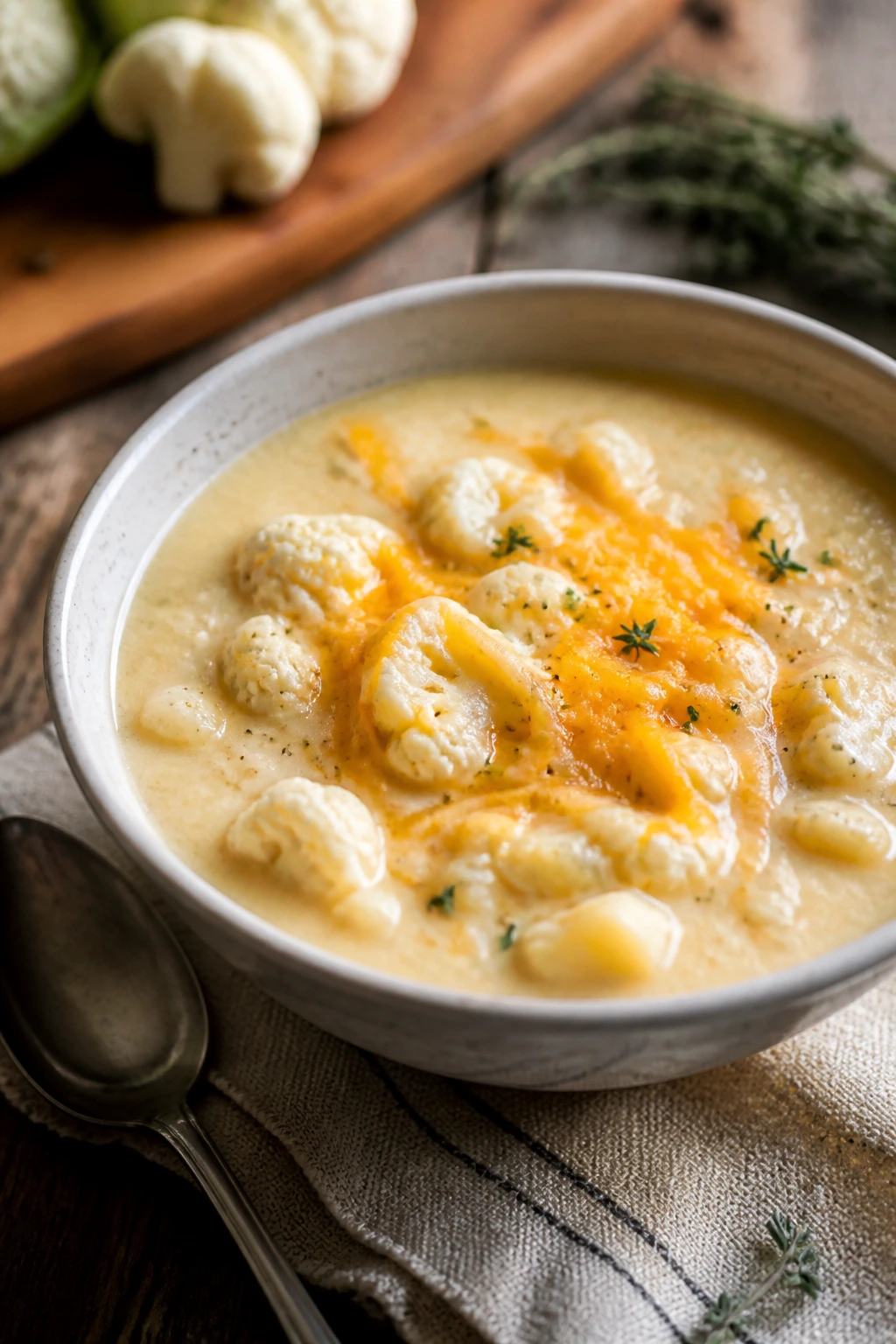 Close-up of Cauliflower and Cheddar Chowder in a bowl