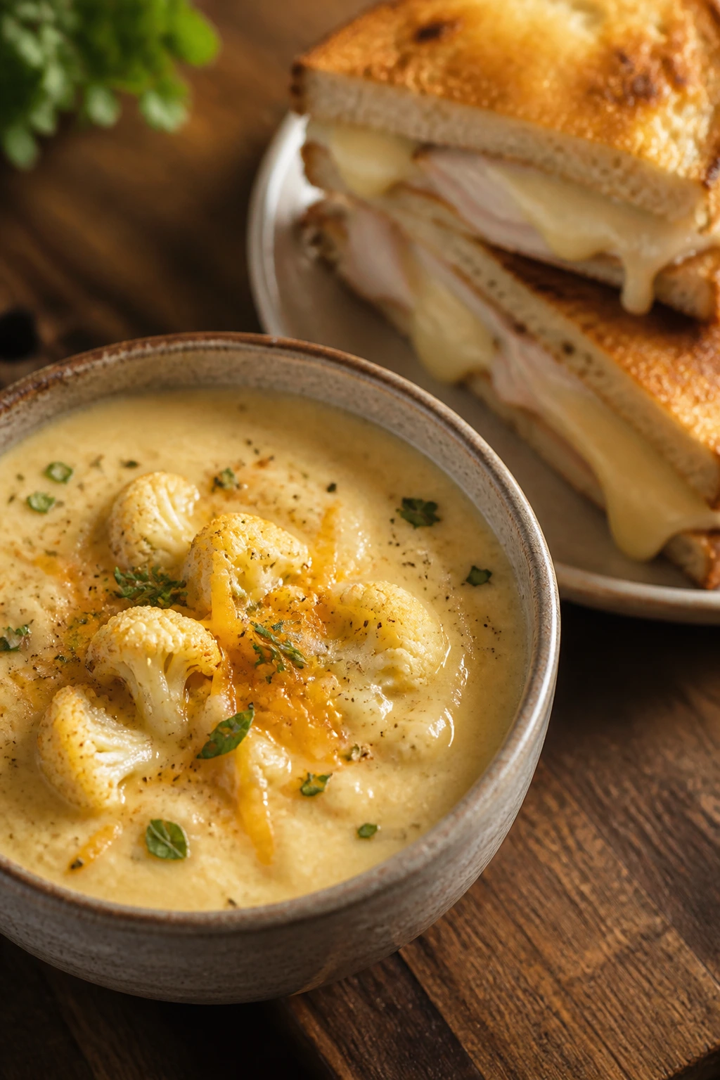 Cauliflower cheddar soup with turkey brie melts on a wooden board