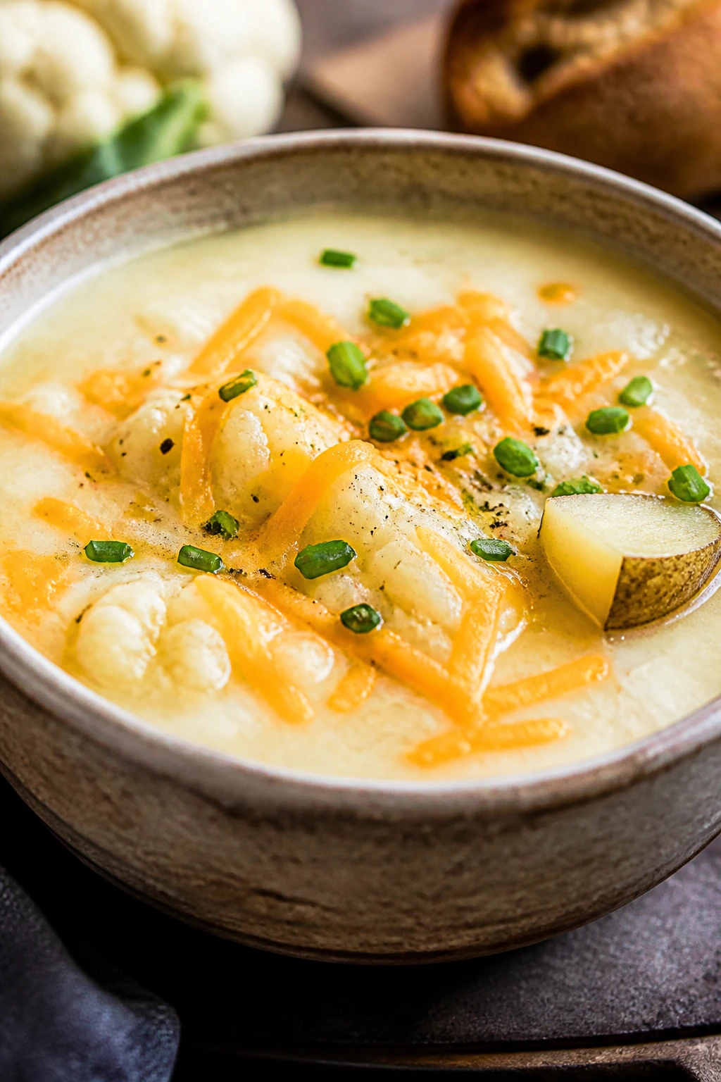 Creamy cauliflower cheddar potato soup with cheddar on top in a rustic bowl
