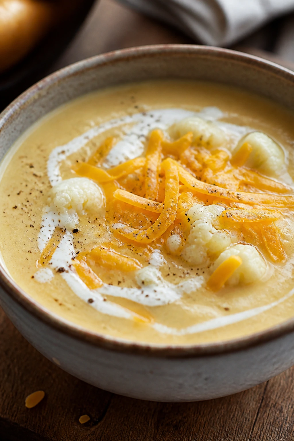 Creamy cauliflower cheddar soup with cheddar topping in a bowl
