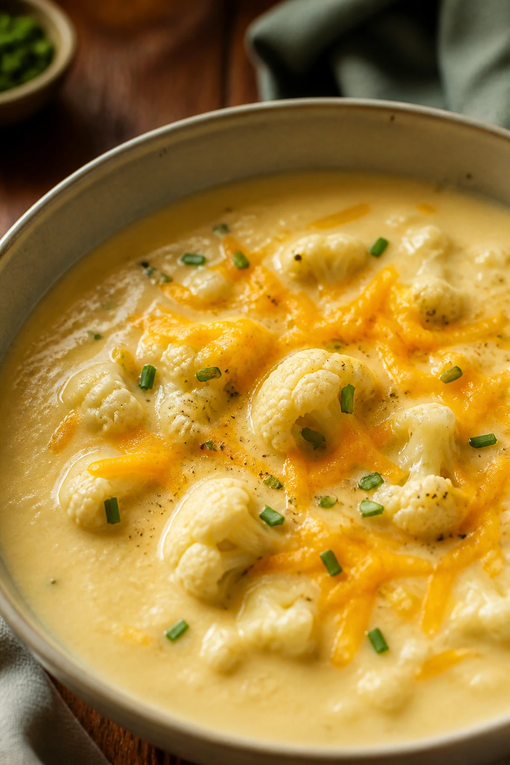 Close-up of cauliflower cheddar soup with cauliflower and cheddar