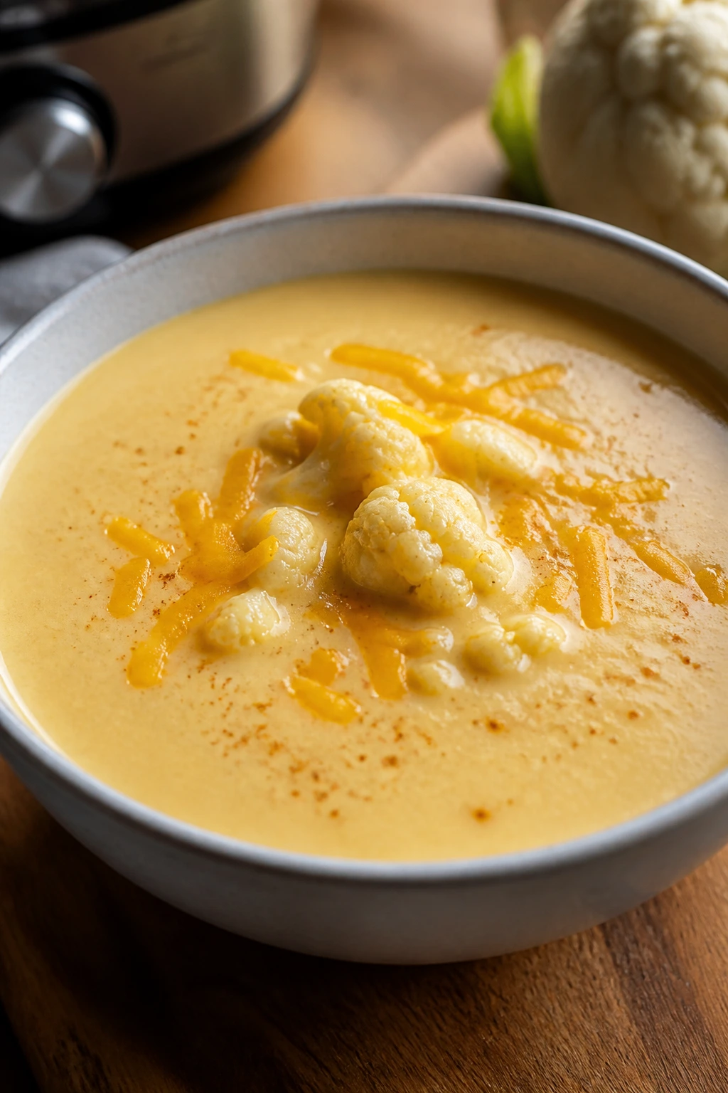 Creamy cauliflower cheddar soup in a bowl on a wooden kitchen counter.