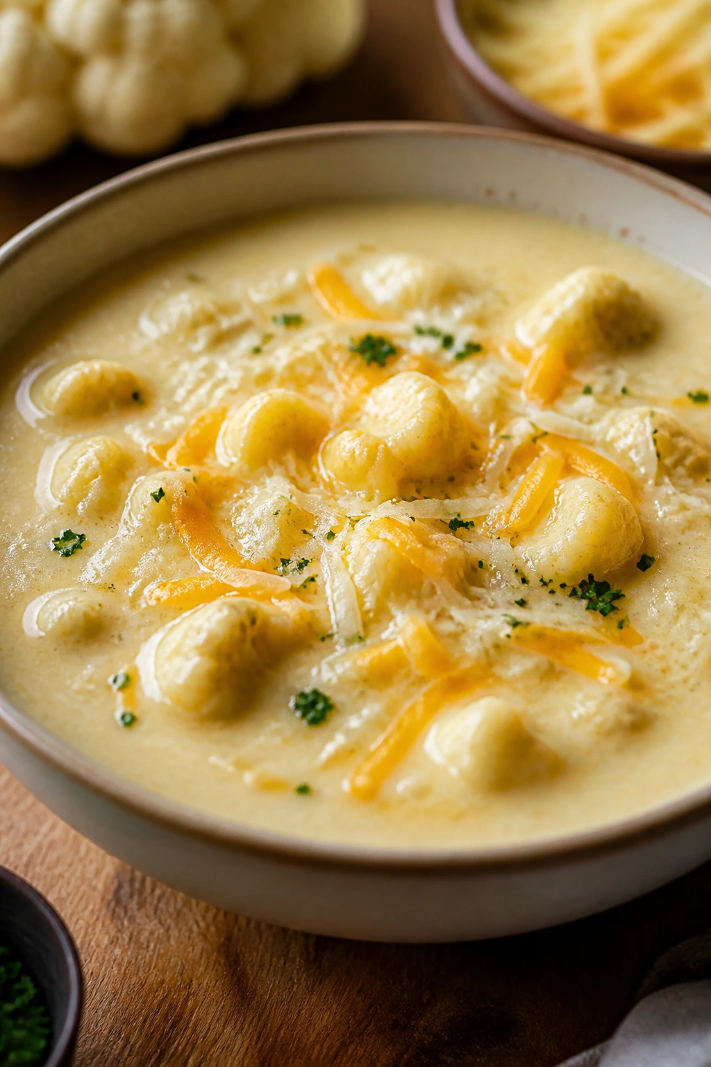 Creamy cauliflower chowder with three cheeses in a bowl