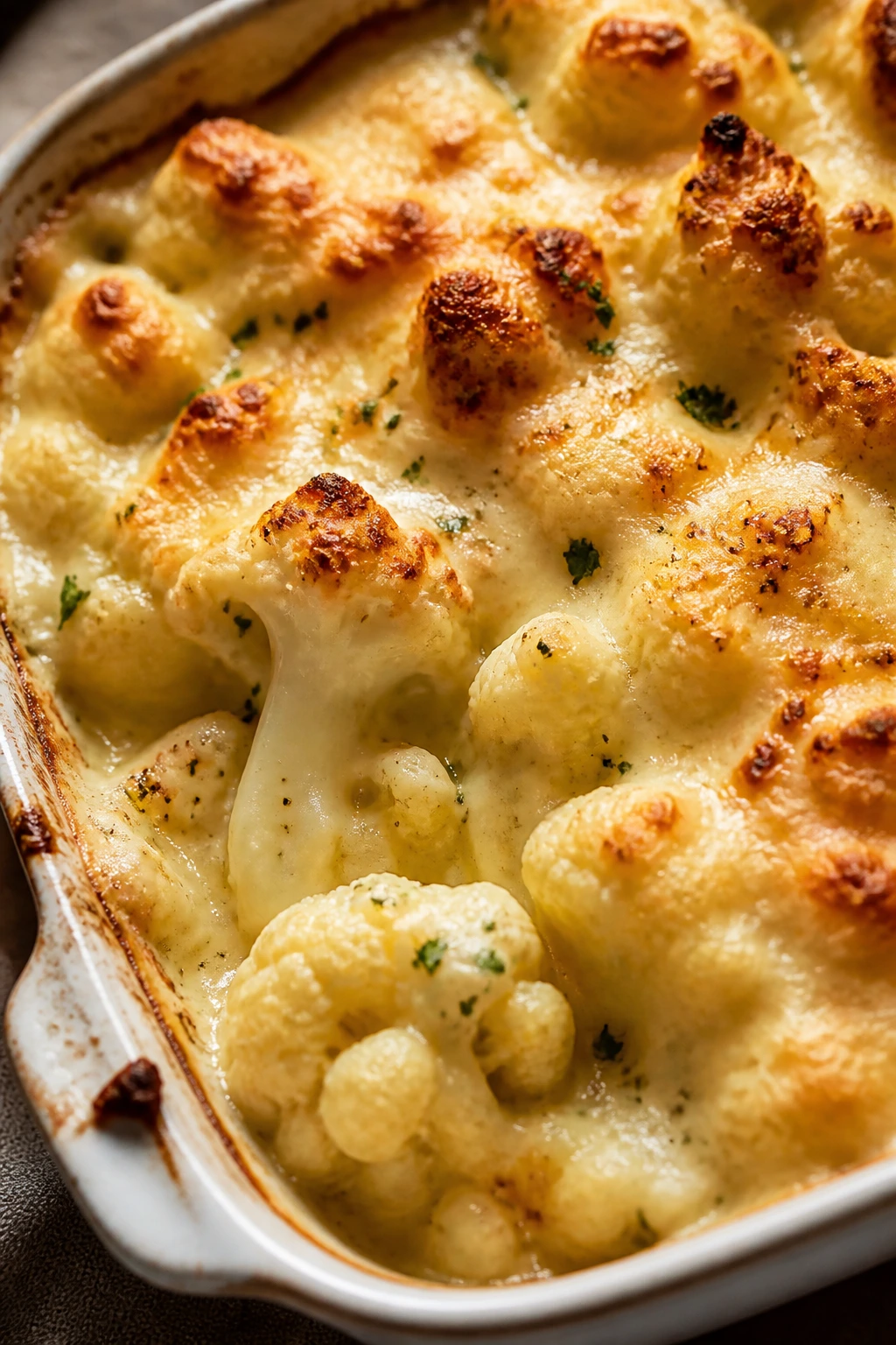 Cauliflower florets in creamy cheese sauce with browned top