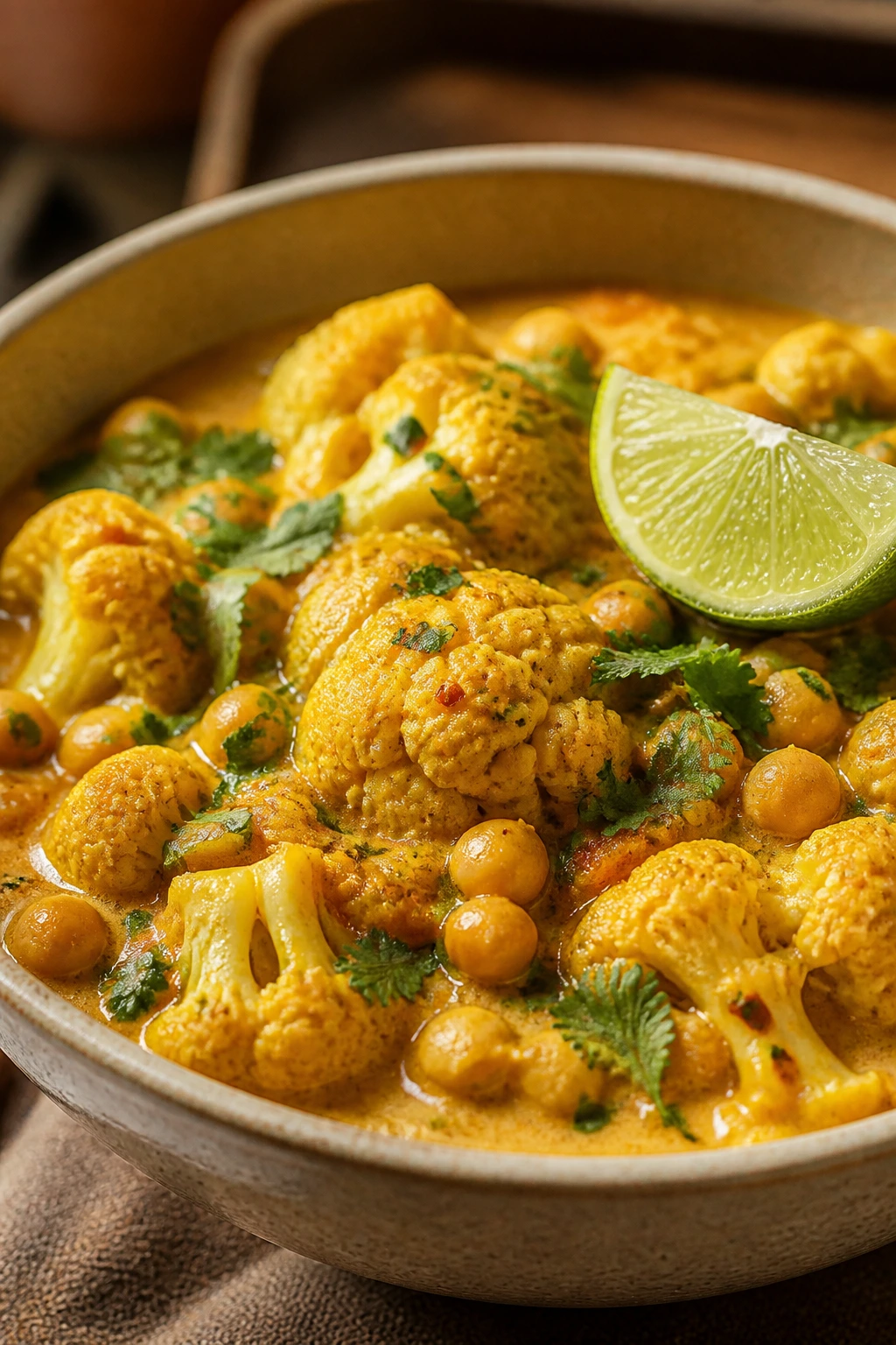 Cauliflower and chickpea curry in a bowl with lime
