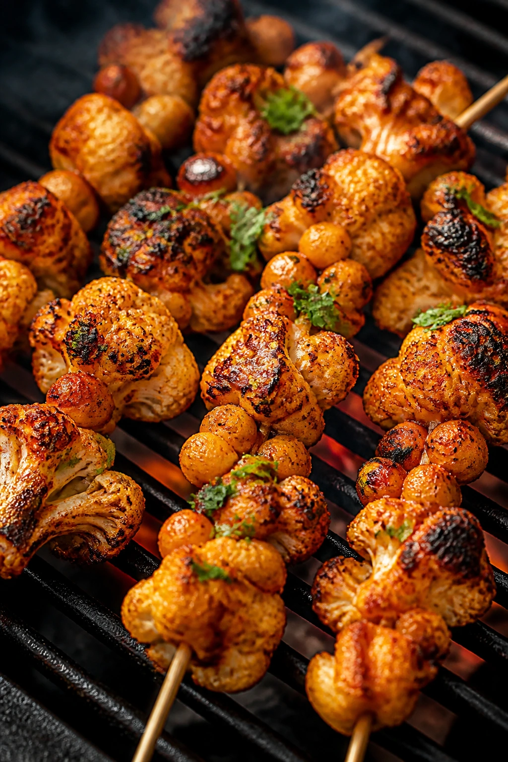 Close-up of harissa cauliflower and chickpea skewers on a grill
