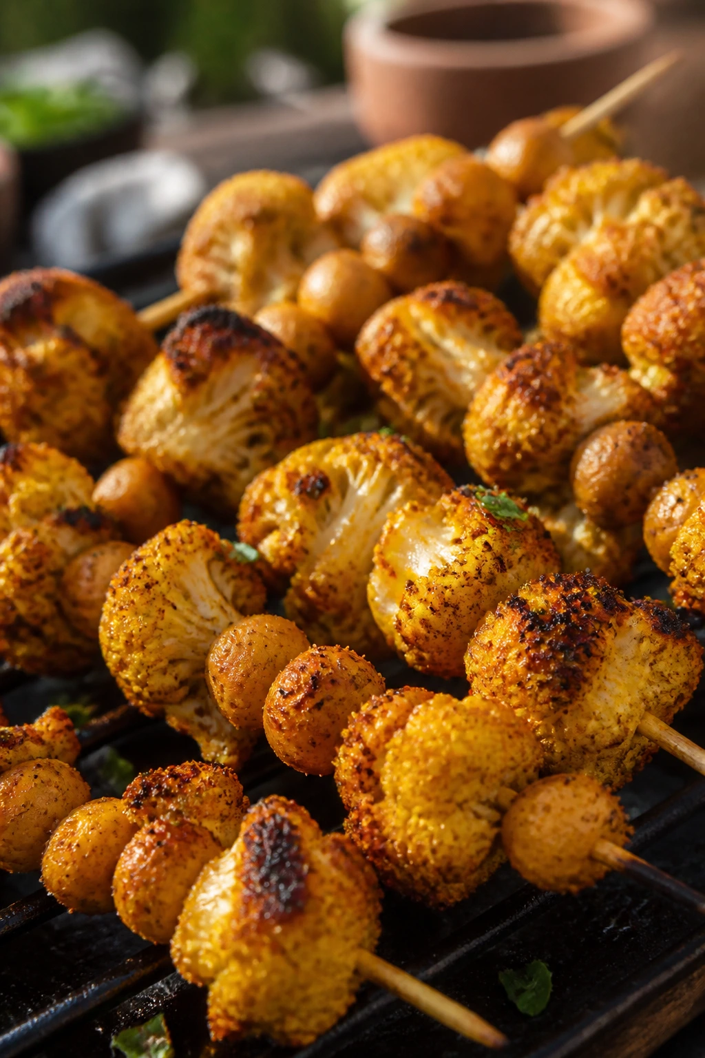Close-up of cauliflower and chickpea skewers on a grill