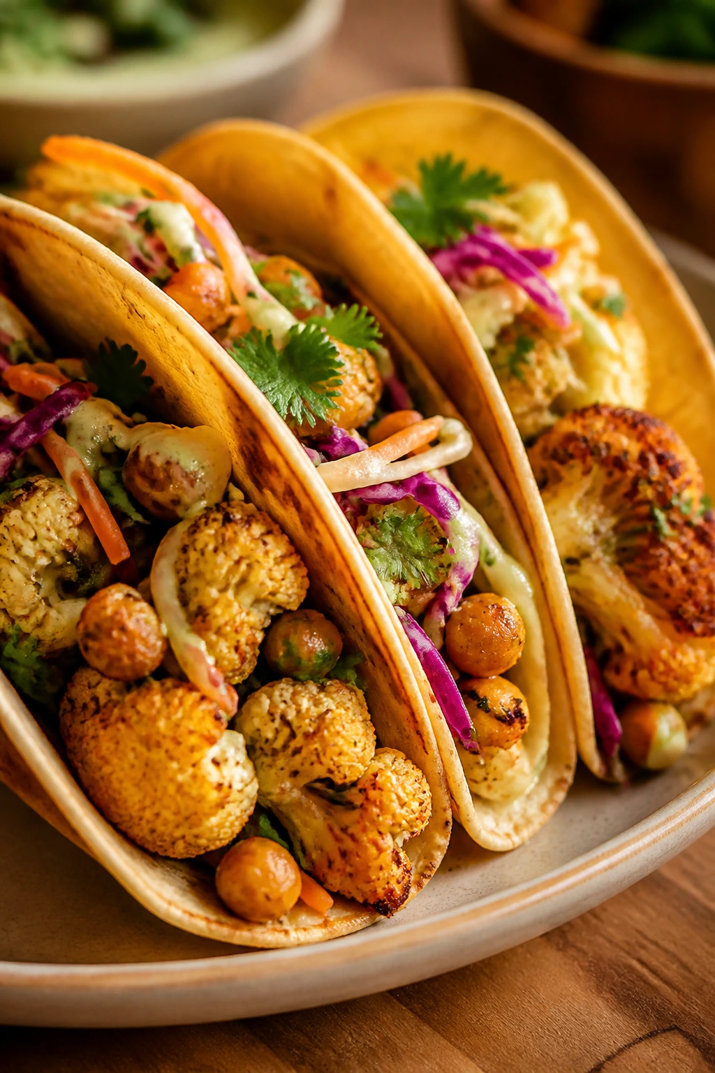 Tacos filled with roasted cauliflower and chickpeas