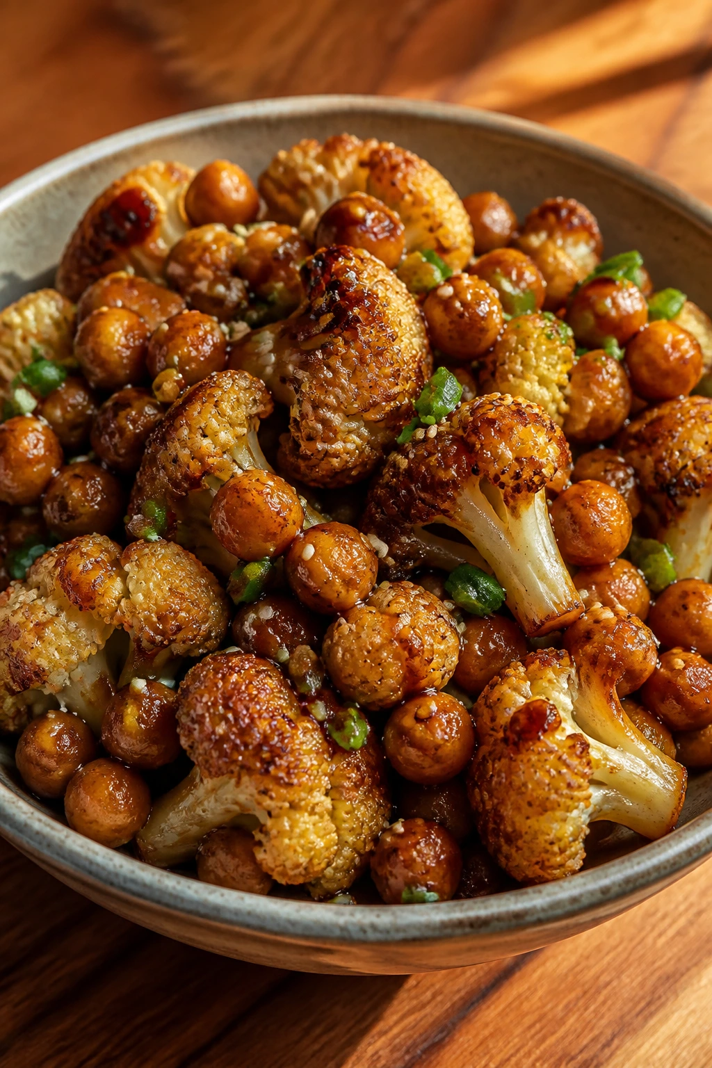 Bowl of roasted cauliflower and chickpeas with teriyaki glaze