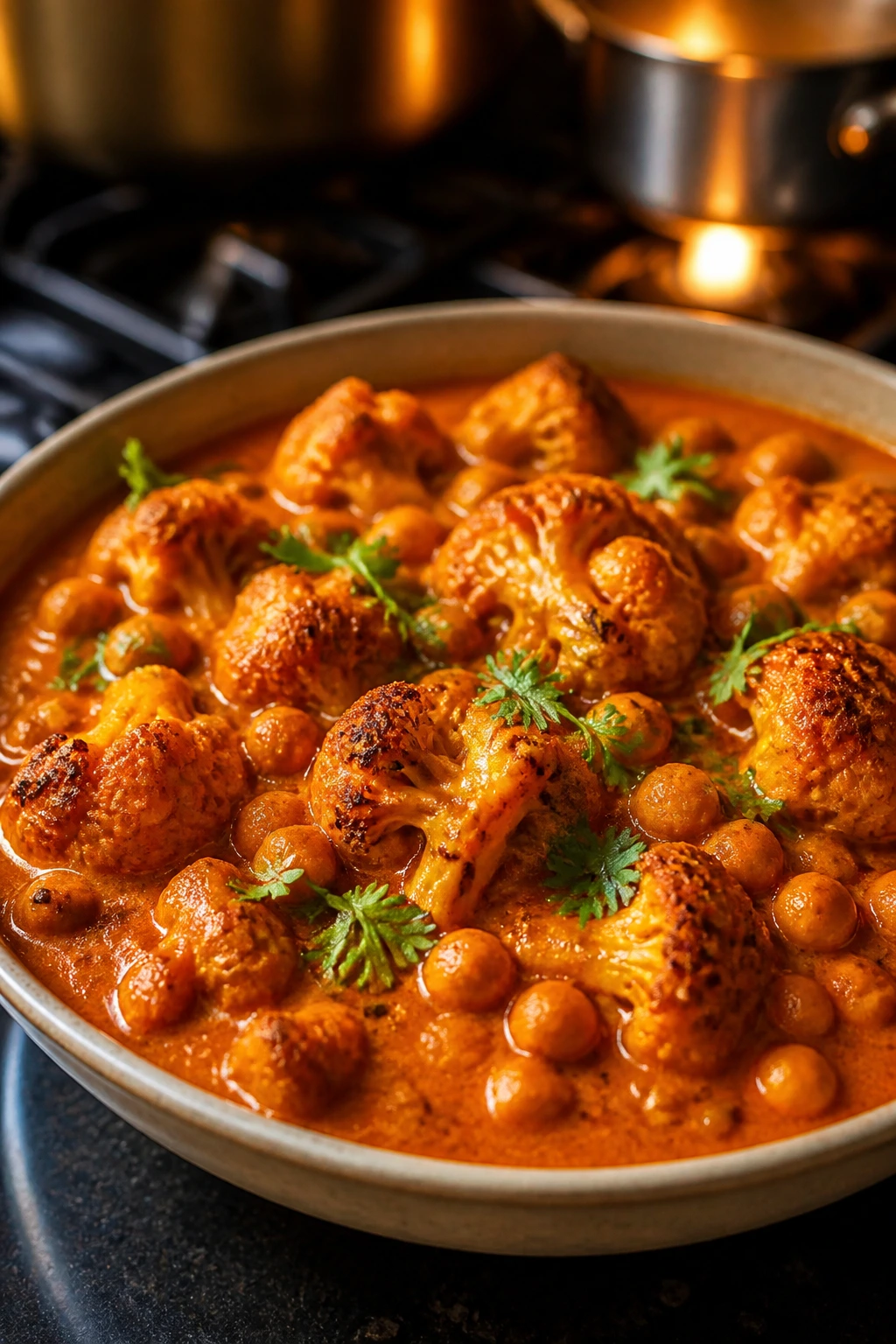 Close-up of cauliflower chickpea tikka masala in a bowl