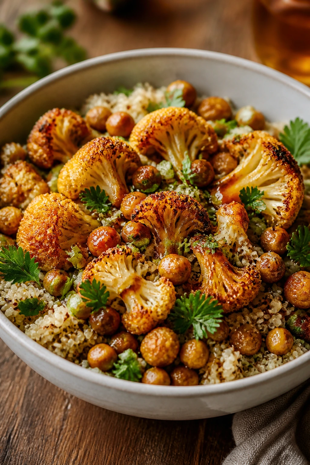 Close-up of hot honey roasted cauliflower and chickpea grain bowl