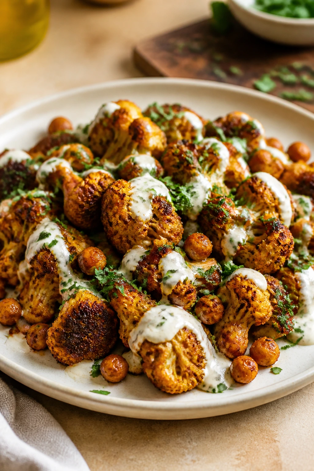 Harissa roasted cauliflower and chickpeas on plate