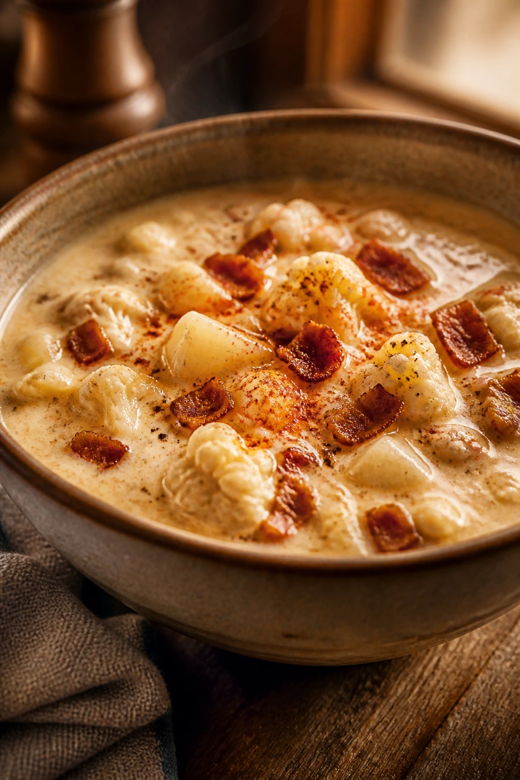 Close-up of smoky bacon cauliflower chowder in a rustic kitchen