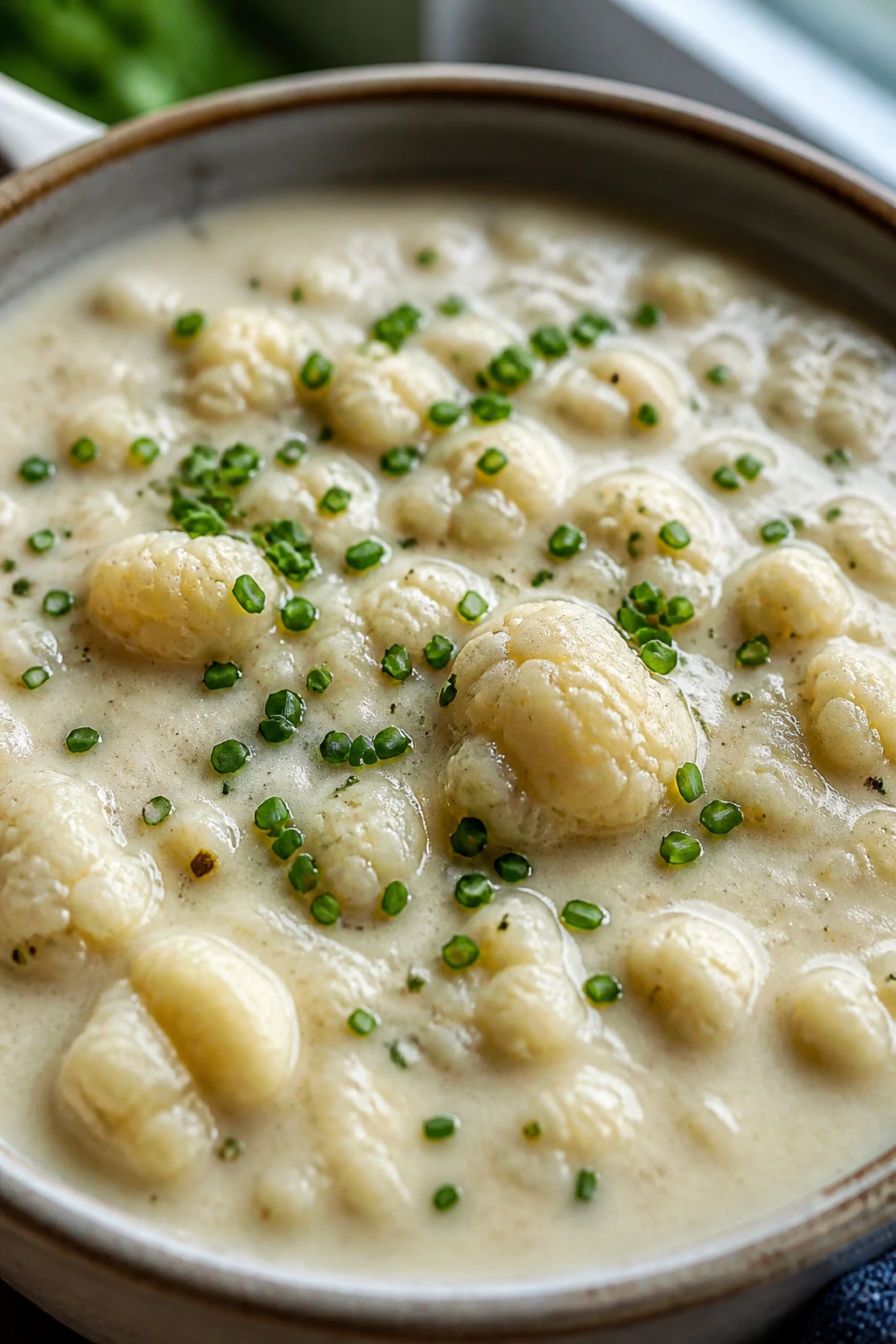 Close-up of cauliflower chowder with chives, pale creamy base.