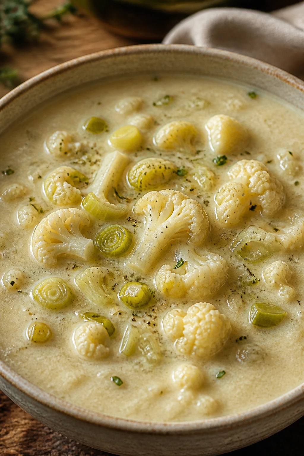 Cauliflower leek chowder in a bowl with cauliflower and leeks