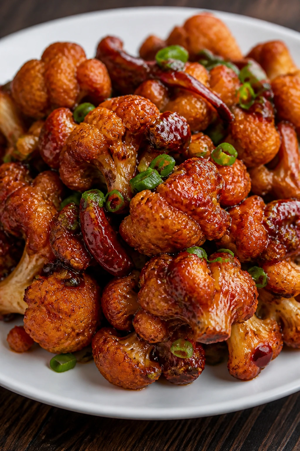 Close-up of General Tso's Cauliflower with glossy spicy glaze on a plate