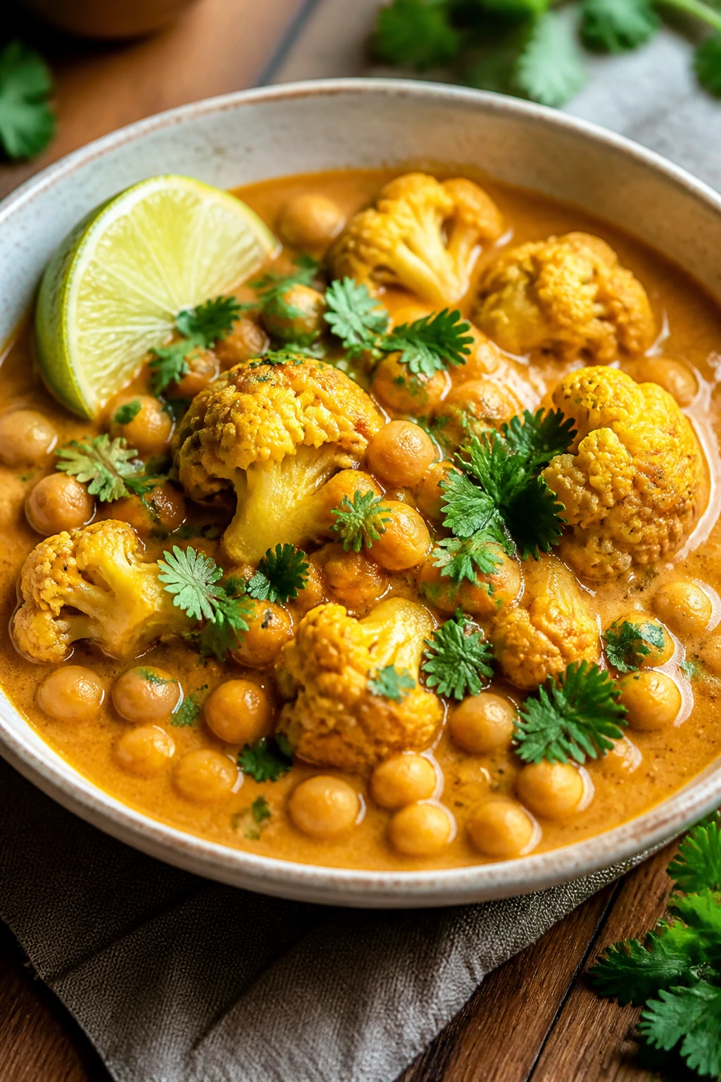 Bowl of chickpea cauliflower curry with lime and cilantro.