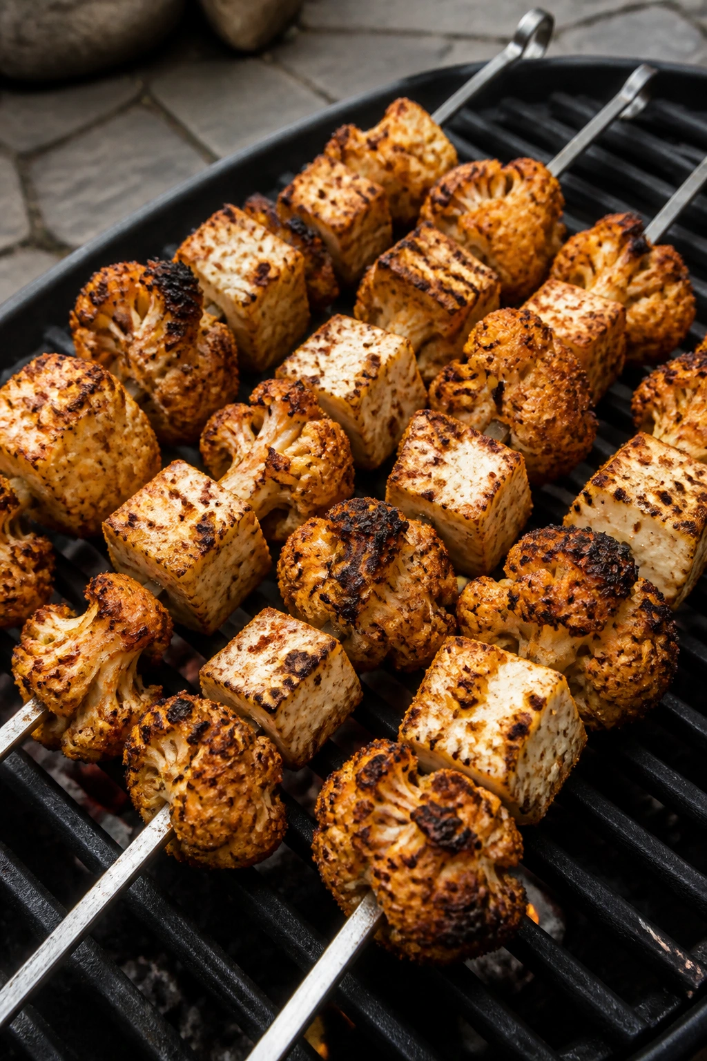 Cauliflower and feta skewers with shawarma spices on a grill