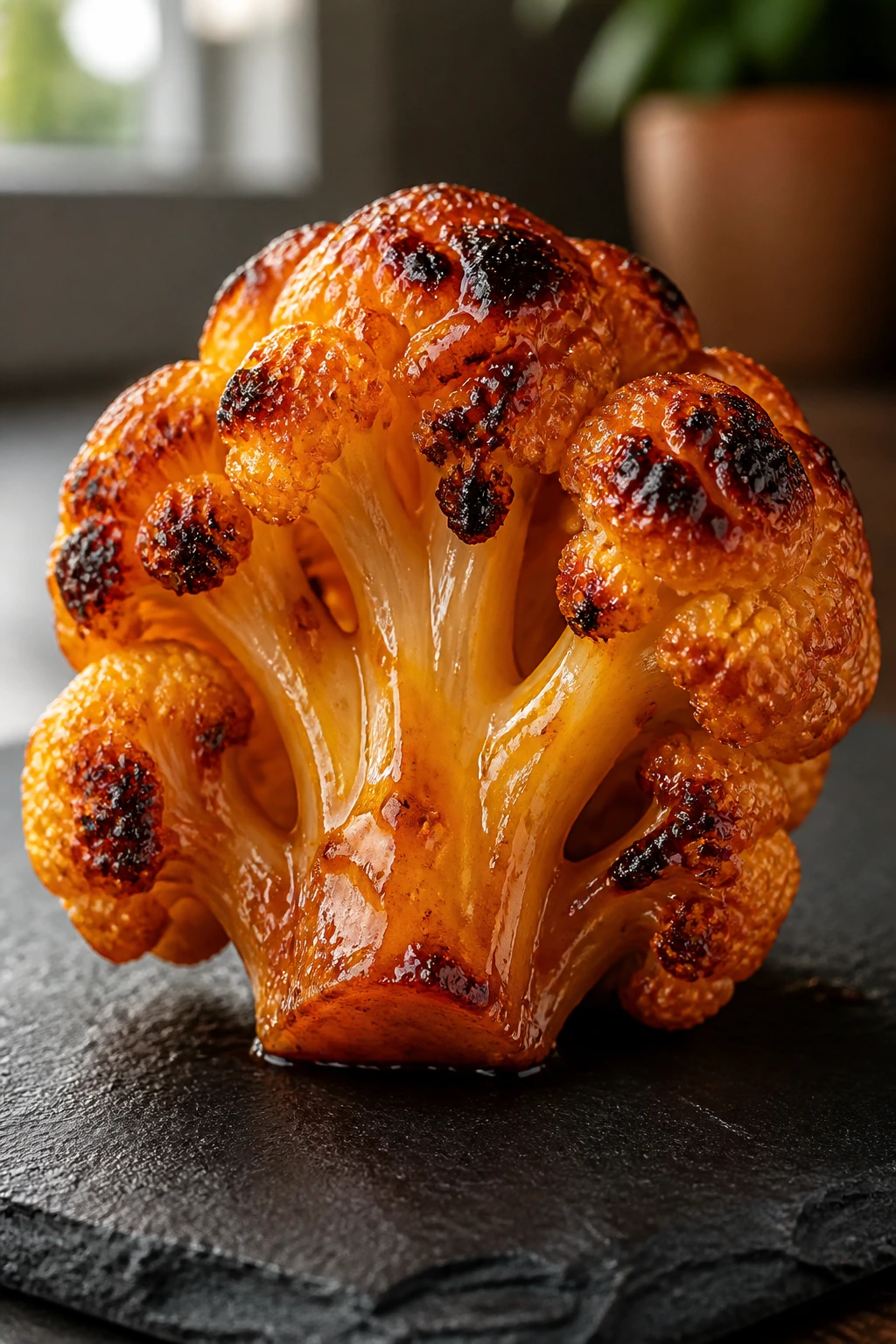 Glazed cauliflower floret on a slate board