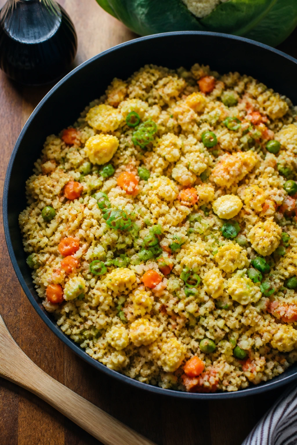 Close-up of cauliflower fried rice in a skillet